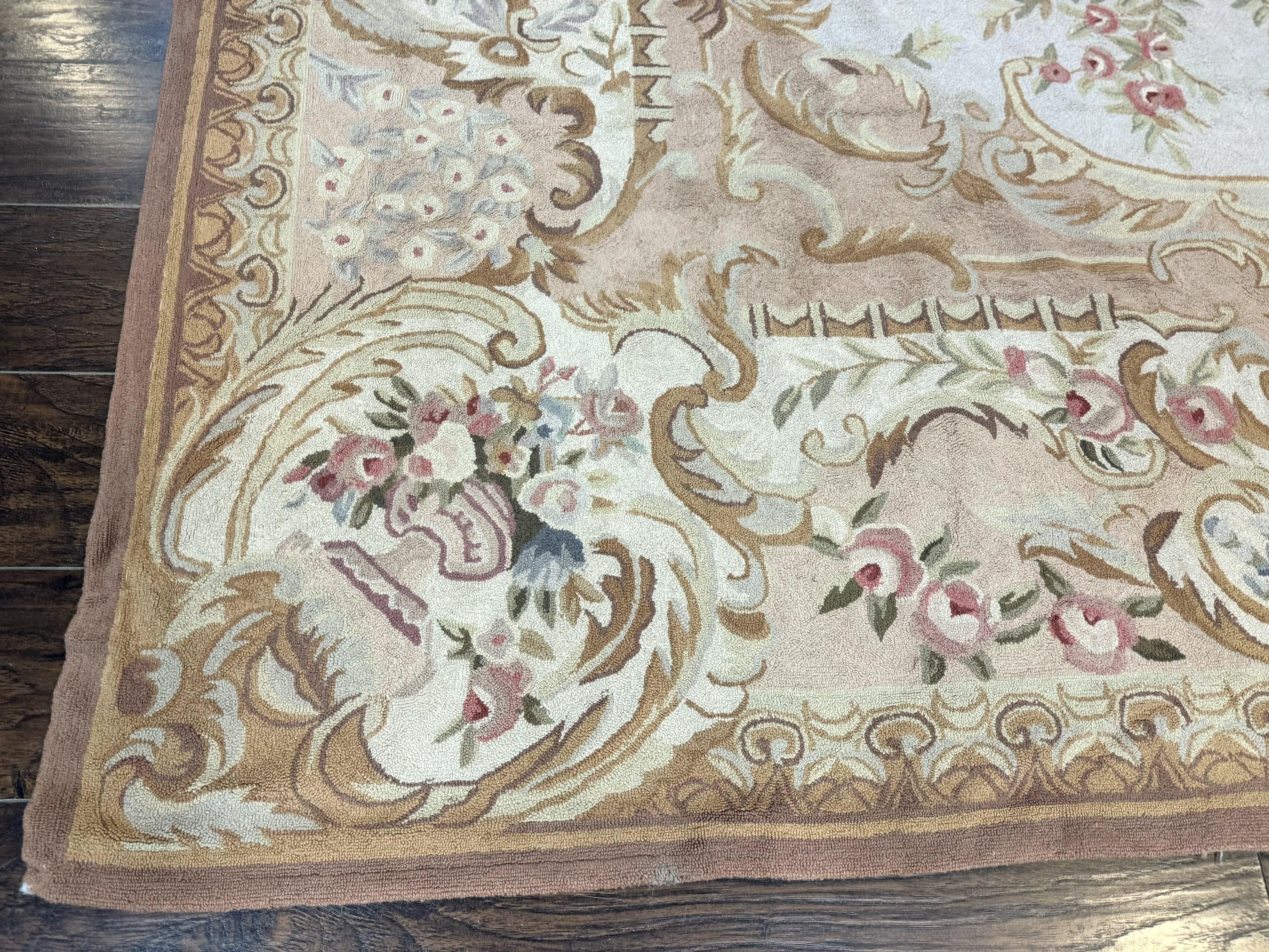 Hooked Aubusson Rug 8x11, Light Blue Ivory Beige Pink, Elegant European Design, Vintage - Jewel Rugs