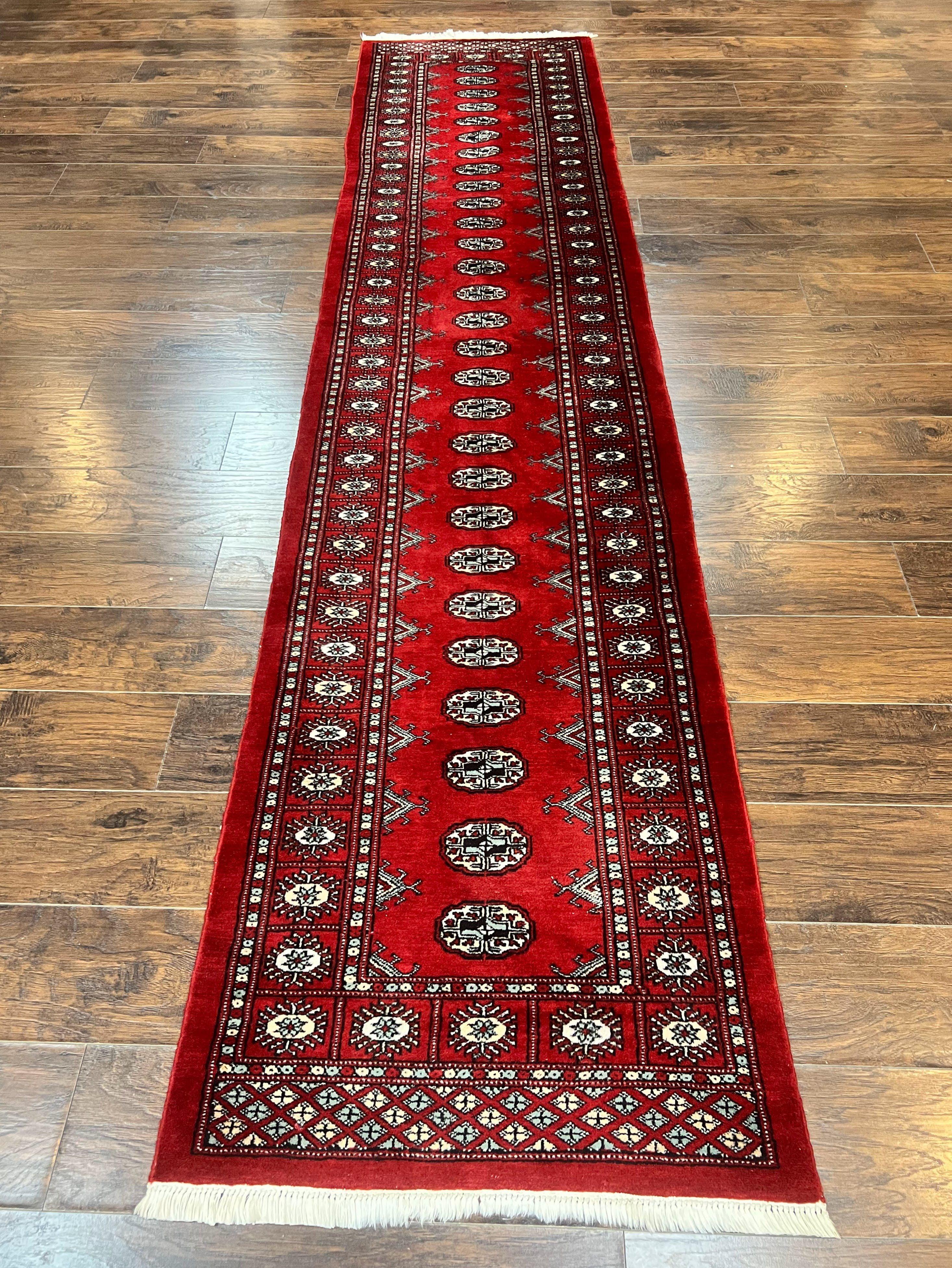 Pakistani Runner Rug 2.8 x 12, Bokhara Turkoman Runner, Wool Hand Knotted Vintage Hallway Rug, Red Ivory & Black - Jewel Rugs