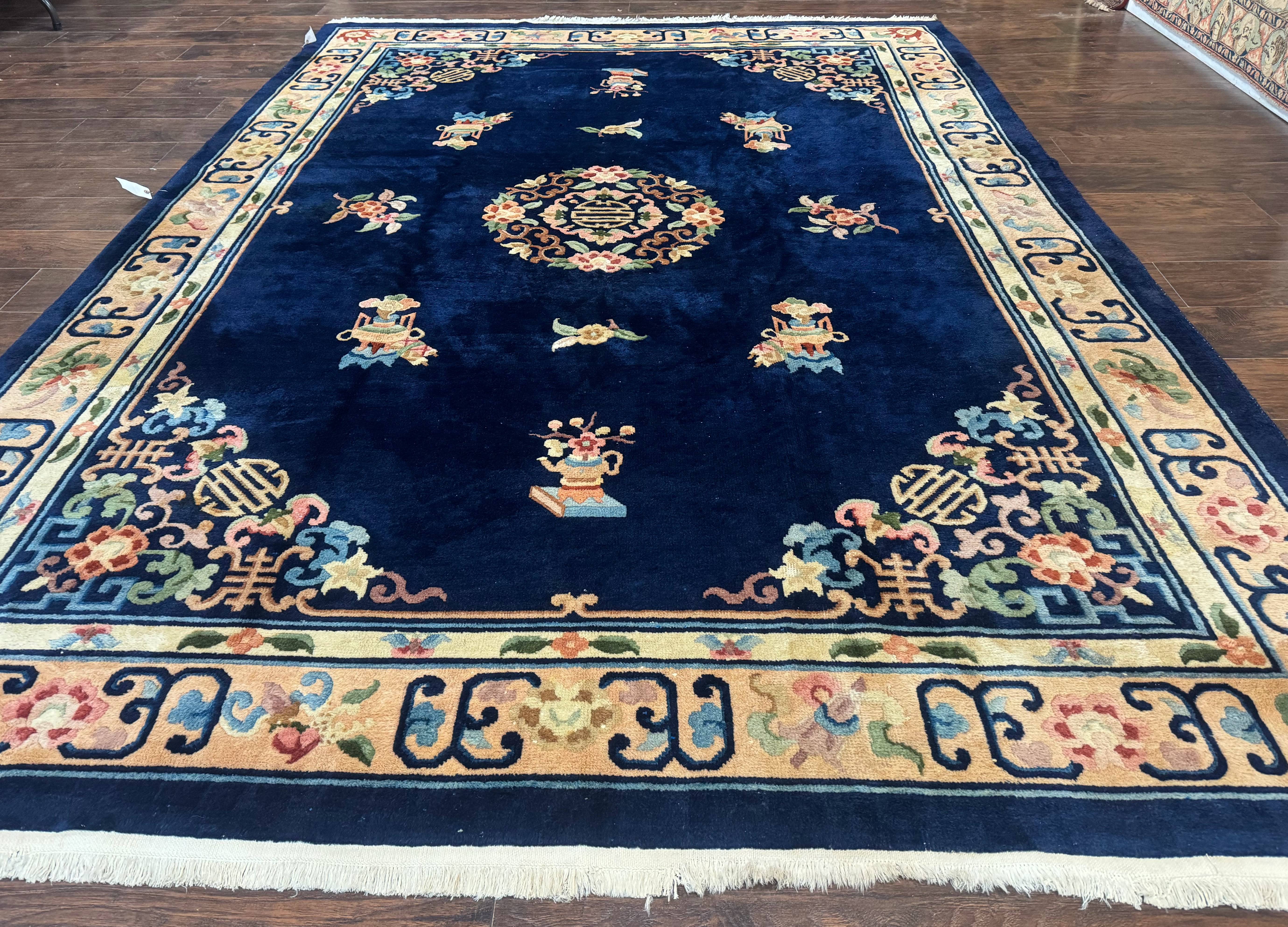 Chinese Wool Rug 8x11, Navy Blue and Beige, Simple Design, Fete Carpet - Jewel Rugs