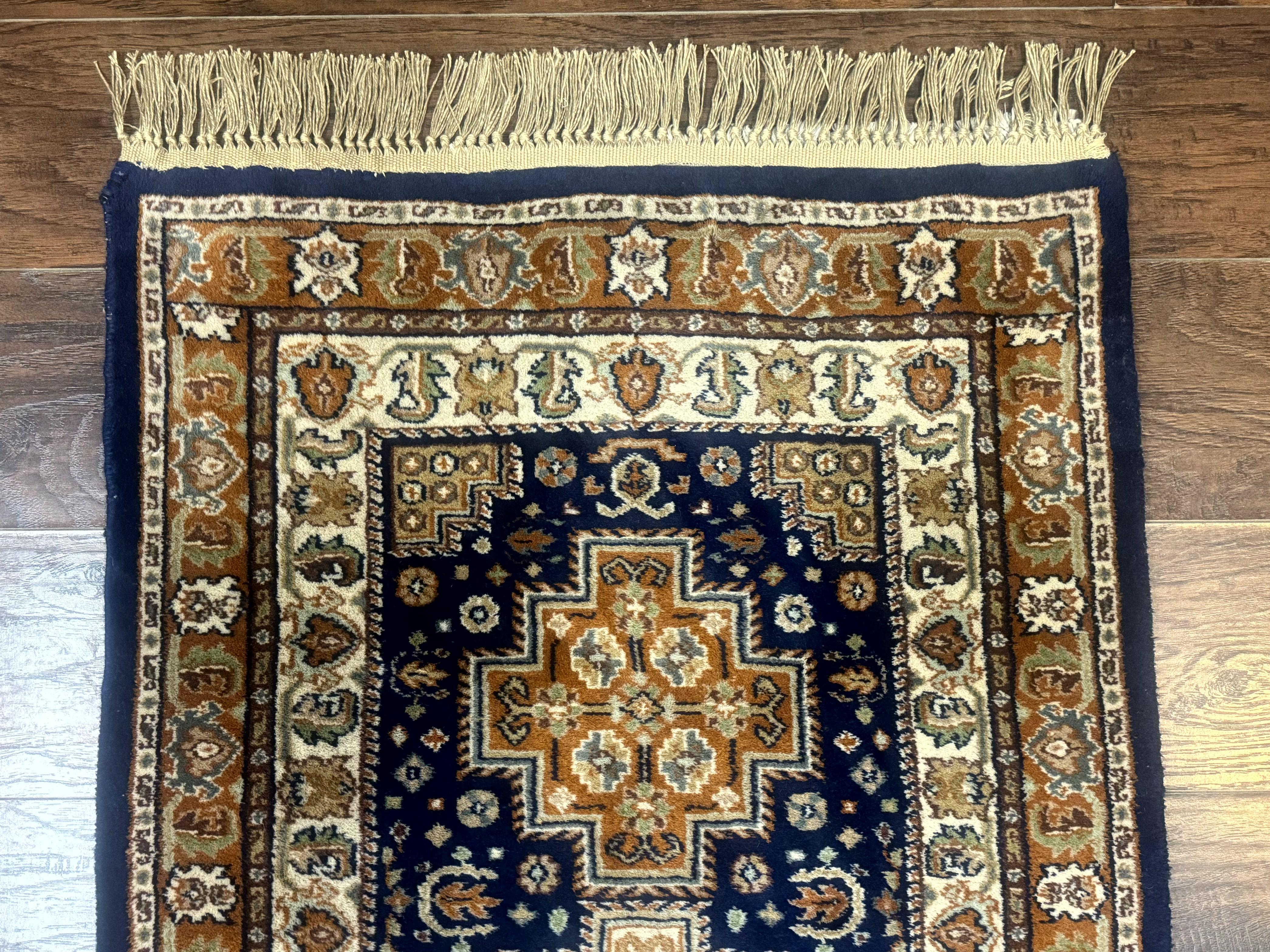 Indo Persian Runner Rug 2.6 x 12.7, Indian Kashmiri Runner for Hallway or Kitchen, Navy Blue, Geometric Medallions, Handmade Wool - Jewel Rugs