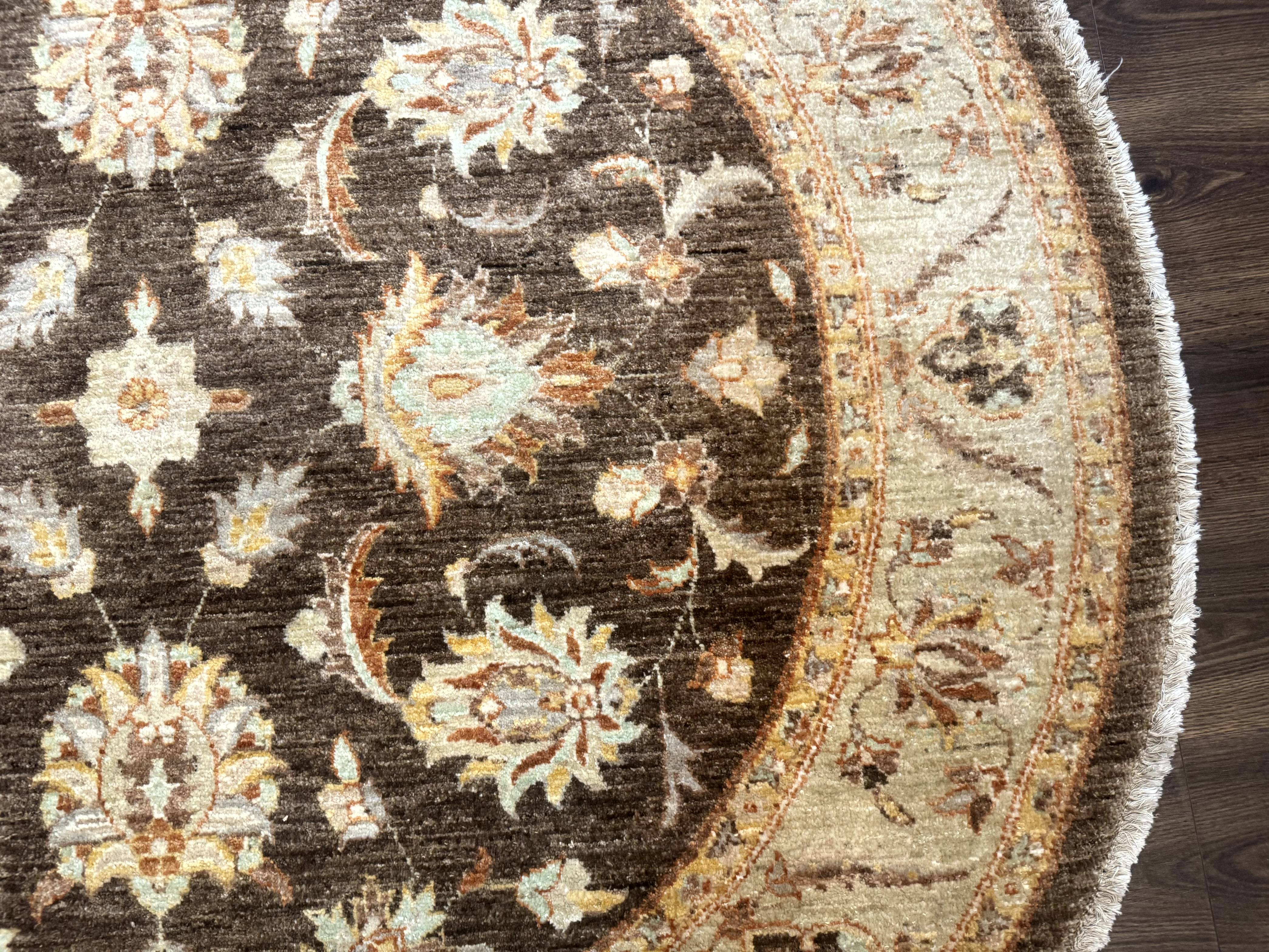 Round Pakistani Rug 6x6, Brown and Beige, Floral, Peshawar Rug, Traditional - Jewel Rugs