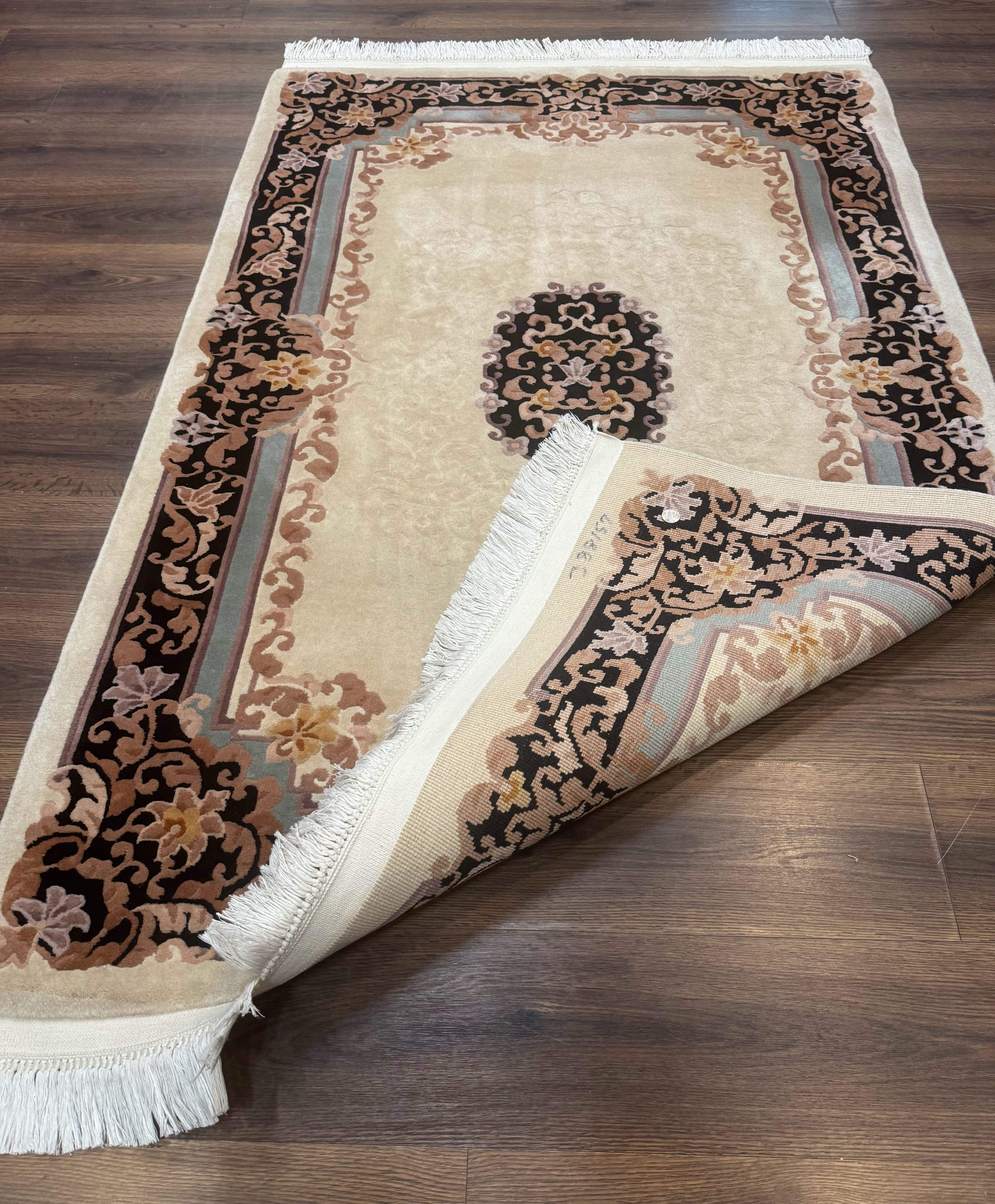 Chinese Aubusson Wool Rug 4x6, 90 Line Rug, Wool, Oat & Black - Jewel Rugs