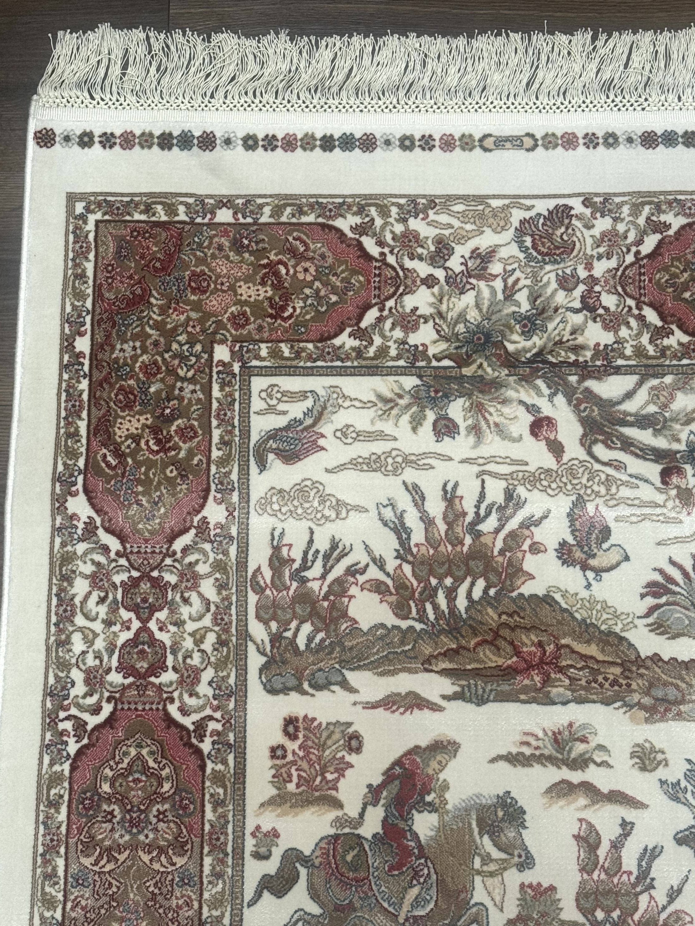 Turkish Silk Runner Rug 2.6 x 8, Hunting Design, Ivory, Bamboo Silk, New - Jewel Rugs