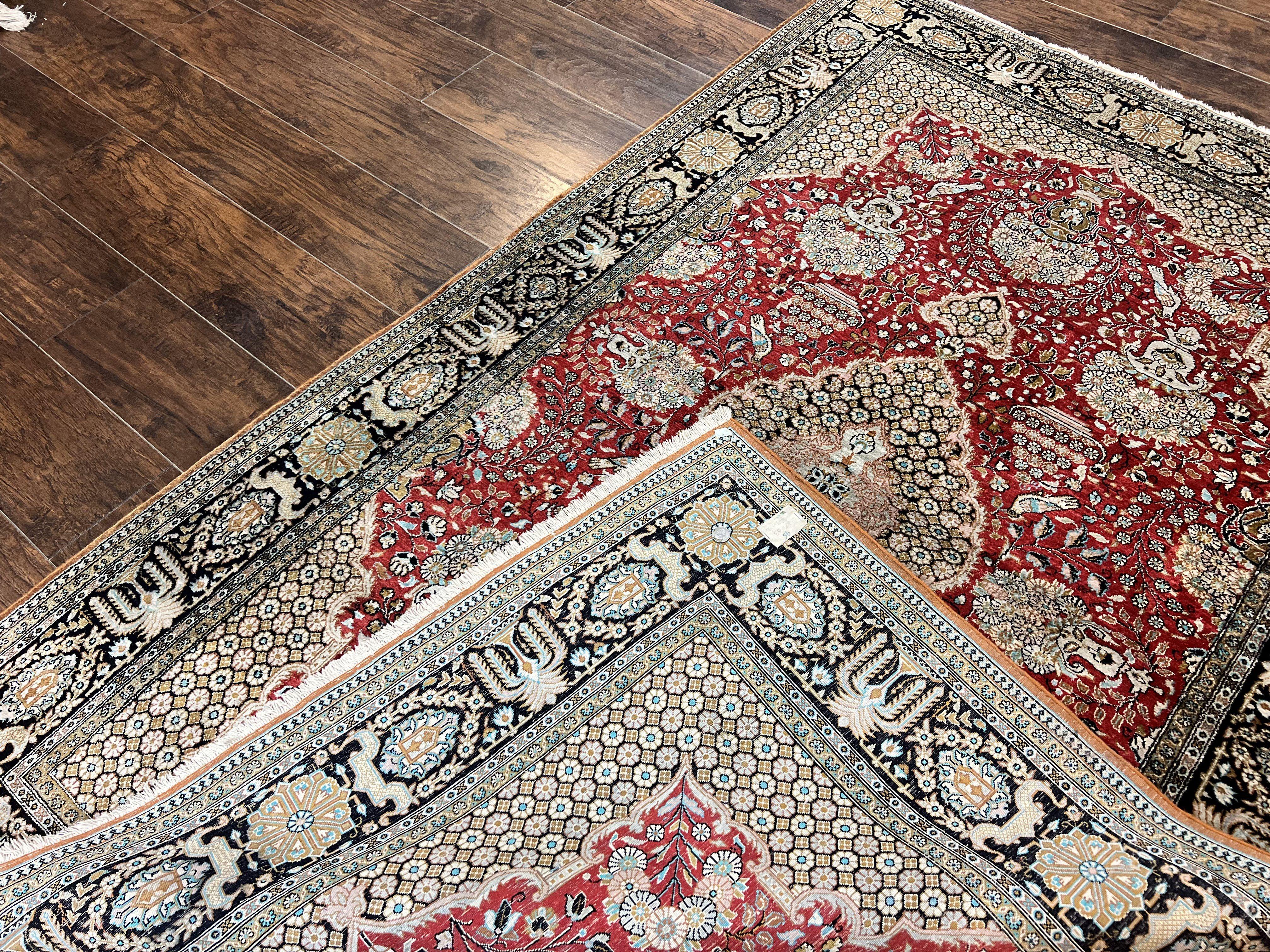 Wonderful Persian Silk Rug 5x7, Birds Floral Vases, Red, Hand Knotted Silk Fine Oriental Carpet, Handmade Vintage, Persian Qum Rug, 400 KPSI - Jewel Rugs