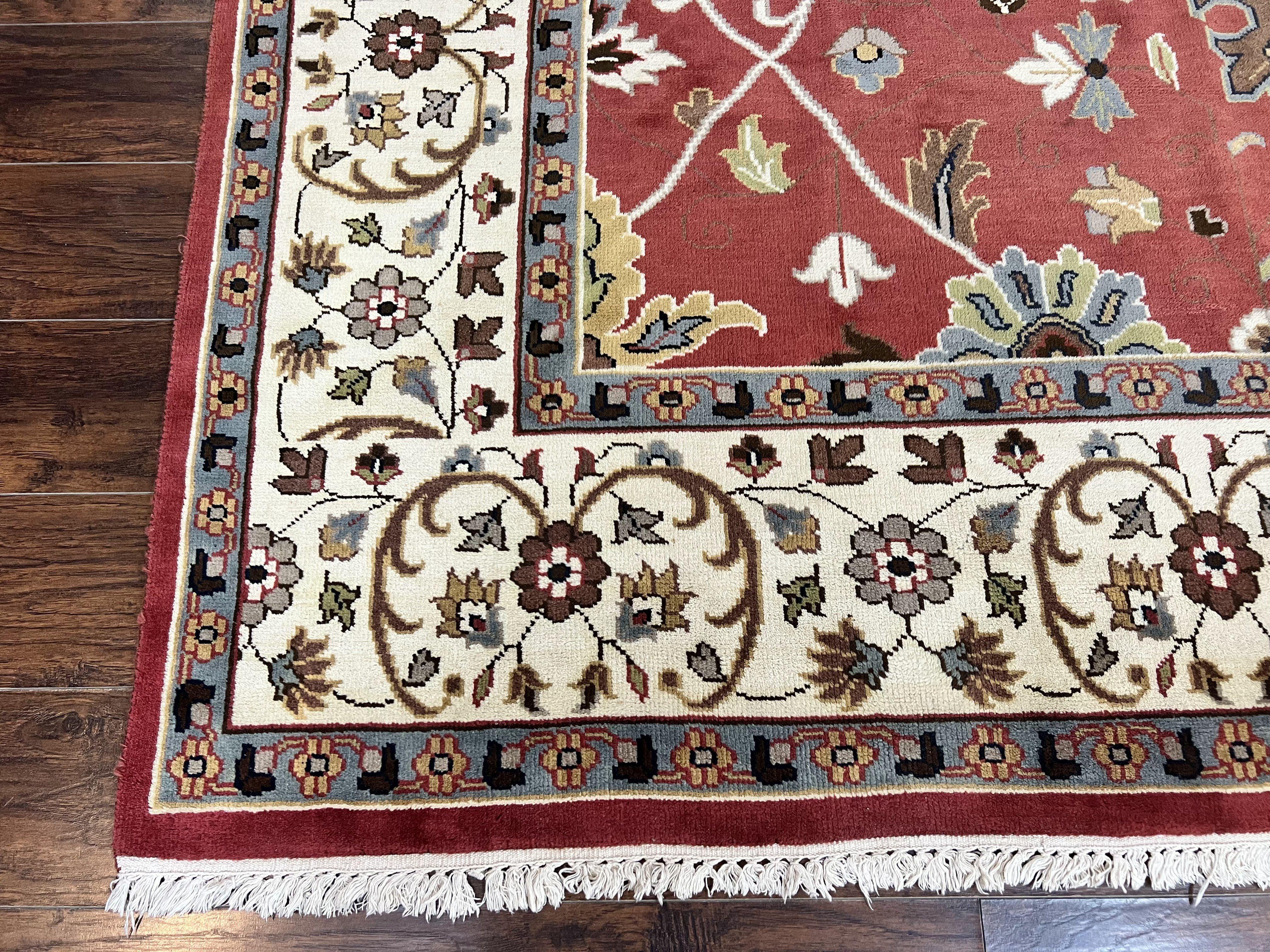 Indo Persian Rug 9x12, Wool Hand Knotted Vintage Carpet, Red & Ivory, Floral Allover, 9 x 12 Room Sized Rug - Jewel Rugs