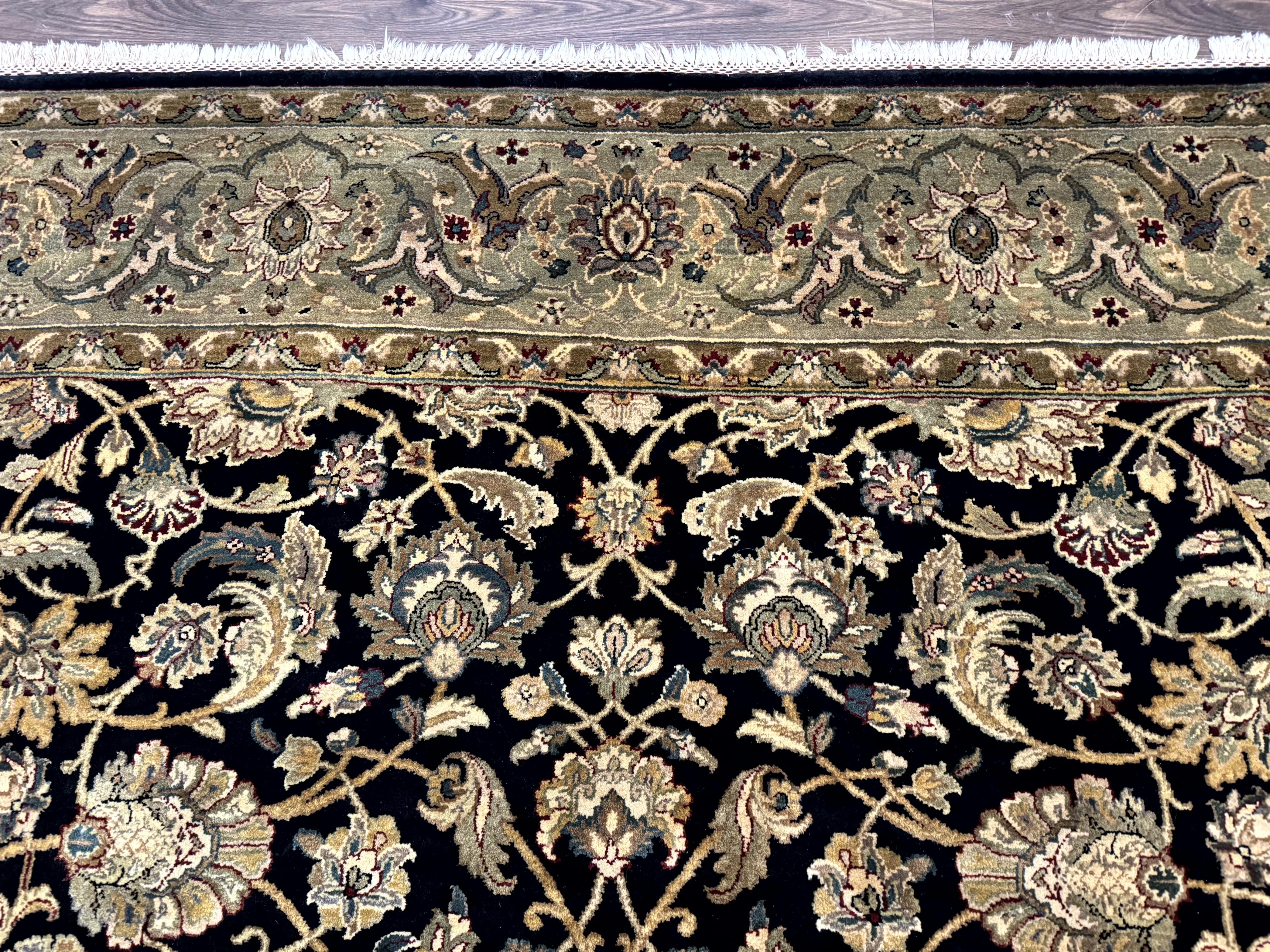 Indo Persian Rug 8x10, Black and Green, Wool, Handmade, Traditional, Floral Allover, Vintage - Jewel Rugs