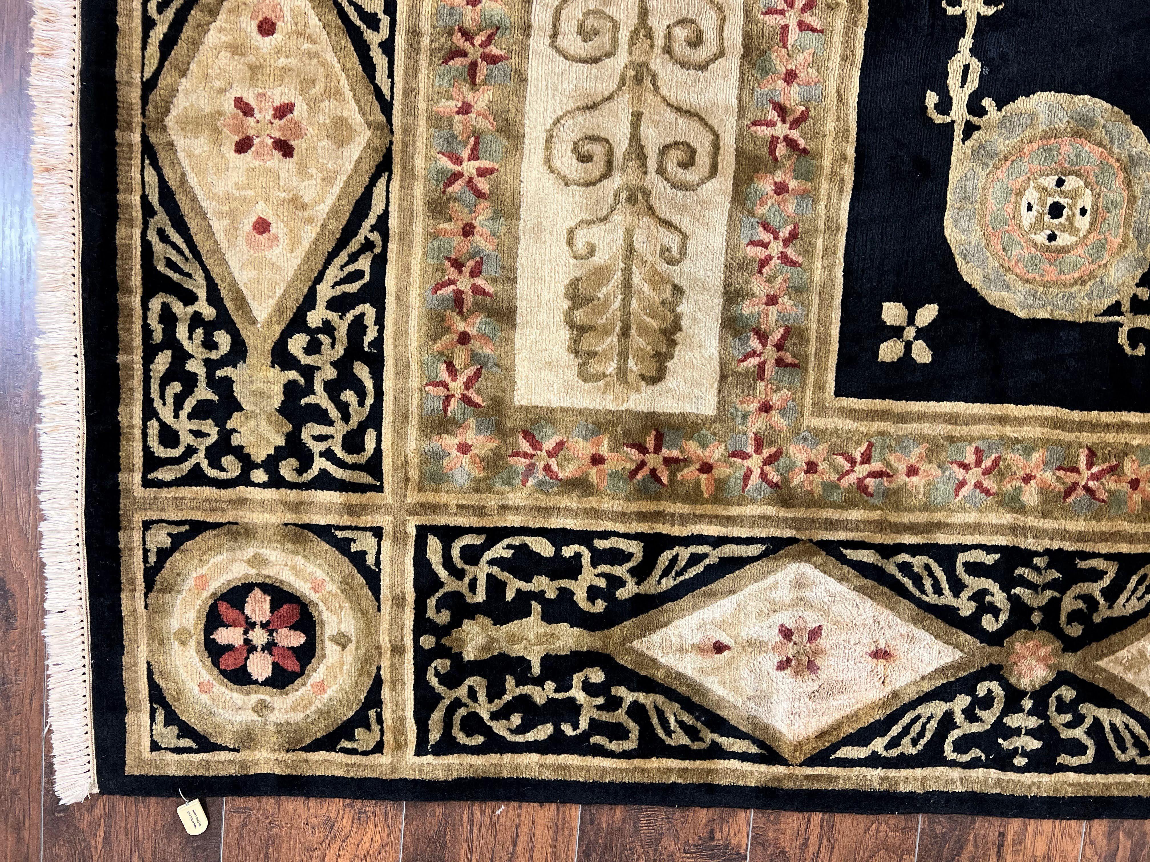 Tibetan Rug 8x10, Nepali Area Rug, Soft New Zealand Wool Carpet 8 x 10 ft, Black Tan Beige, Vintage Handmade Rug, French Aubusson Pattern - Jewel Rugs