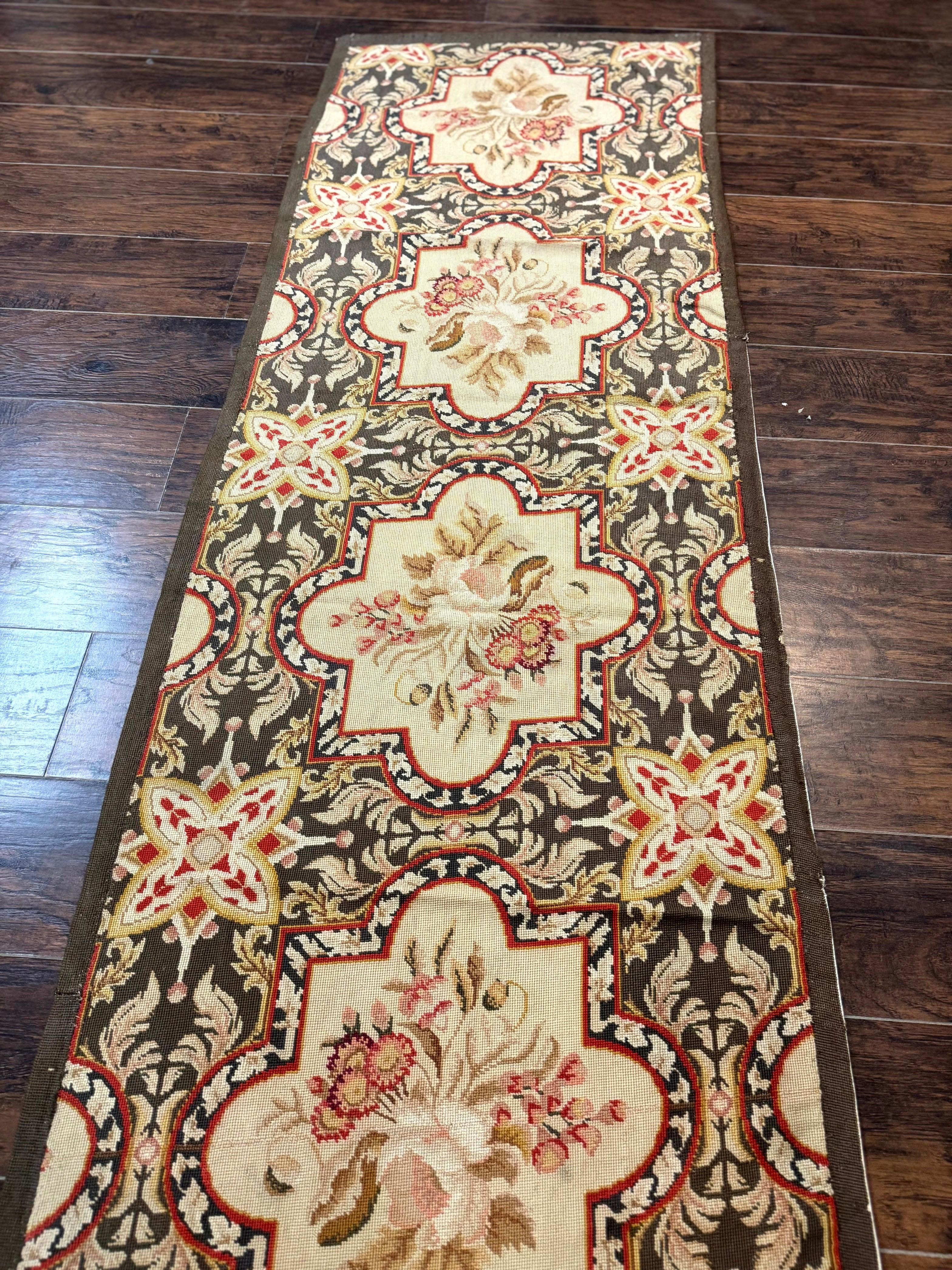 Needlepoint Runner Rug 2.7 x 9.7, European French Design, Wool, Handmade, Vintage - Jewel Rugs