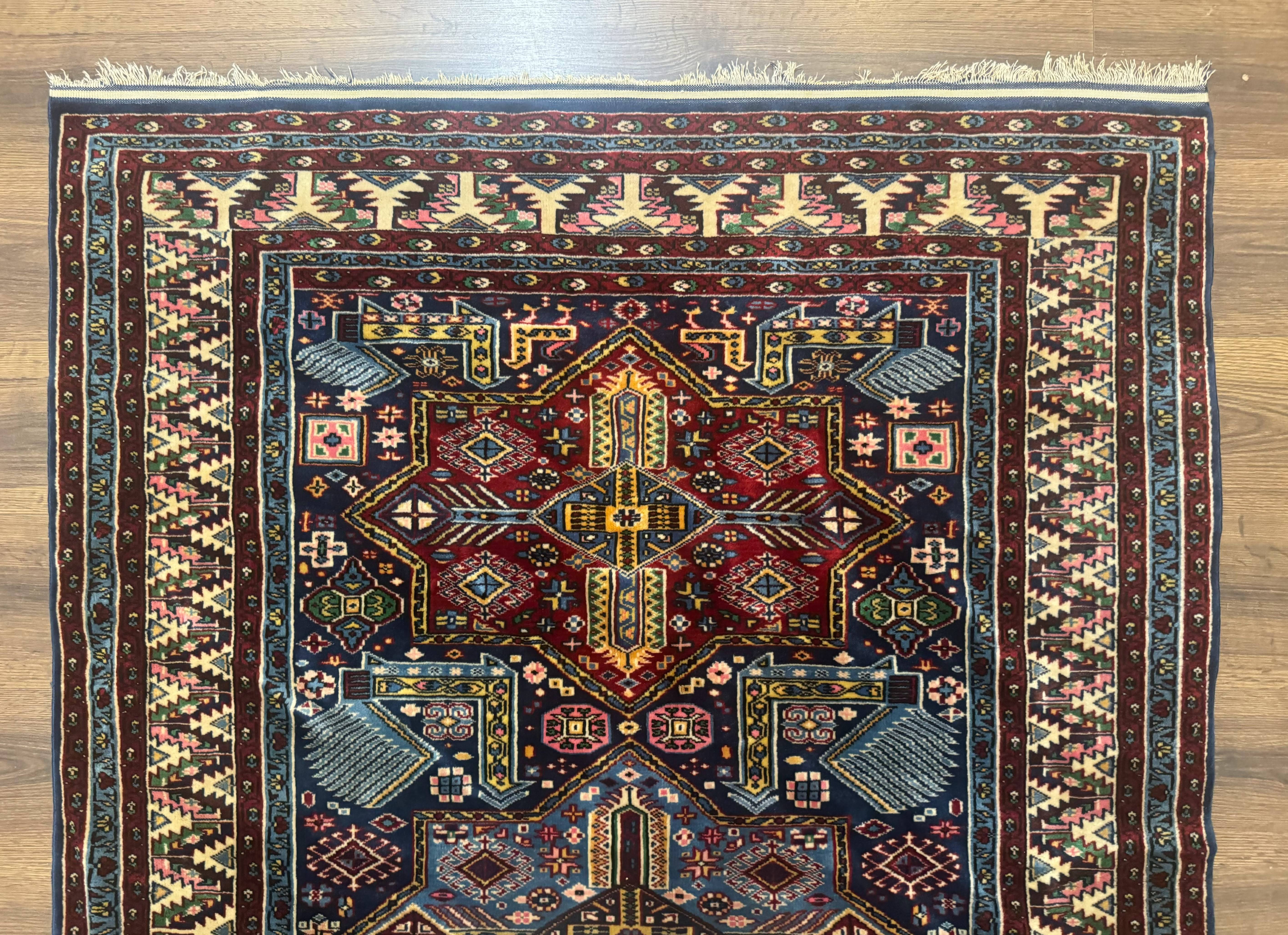 Indian Rug with Caucasian Design, 4x6 Geometric Carpet, Navy Blue and Cream - Jewel Rugs