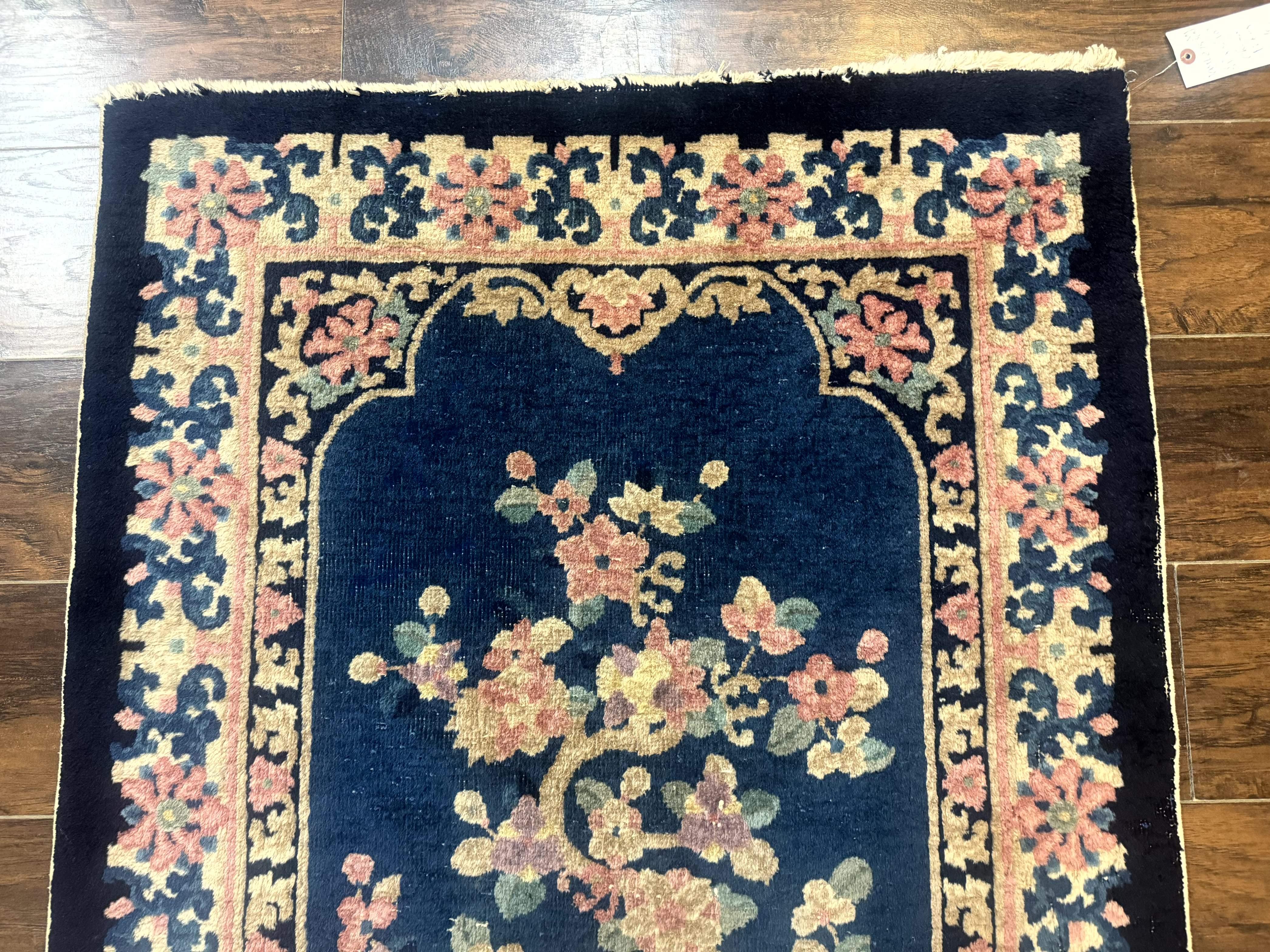 Blue and Beige Chinese Wool Rug 3x6, Chinese Fete Rug, Peking Rug, Antique Chinese Carpet - Jewel Rugs