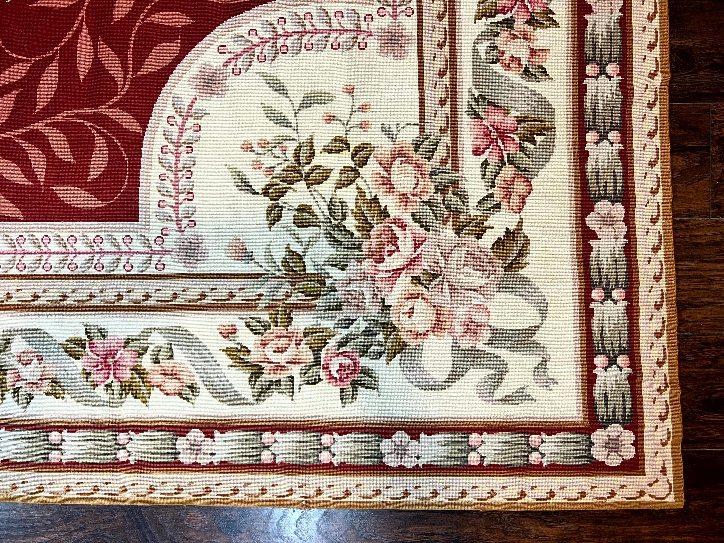 Wonderful Aubusson Rug 9x12, Handmade Vintage Needlepoint Carpet, Red and Ivory, Elegant European Design, Wool - Jewel Rugs