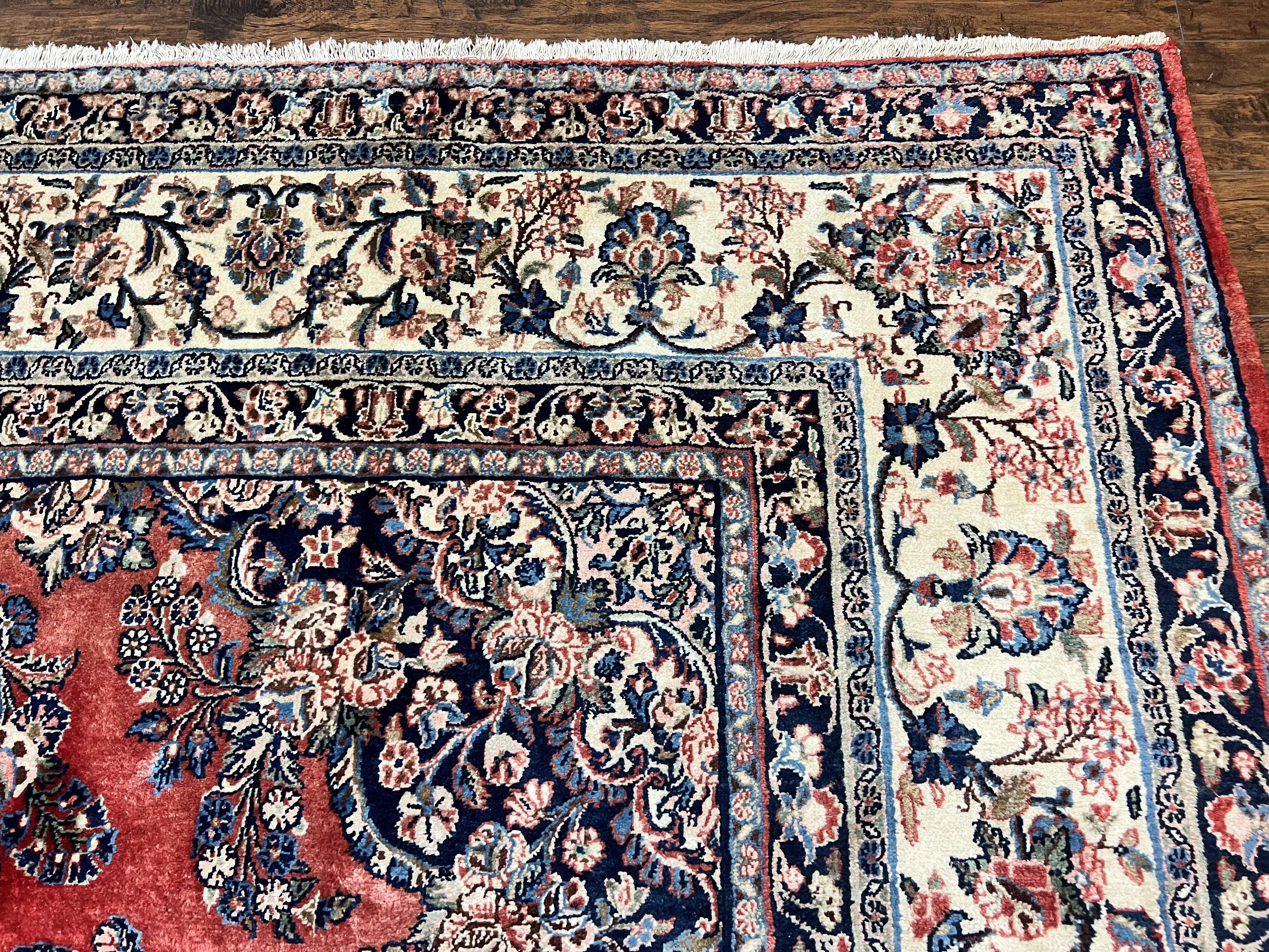 Persian Sarouk Rug 11x13, Wool Hand Knotted Antique Carpet, Red Ivory Traditional Handmade Large Oriental Area Rug 11 x 13, Floral Medallion - Jewel Rugs