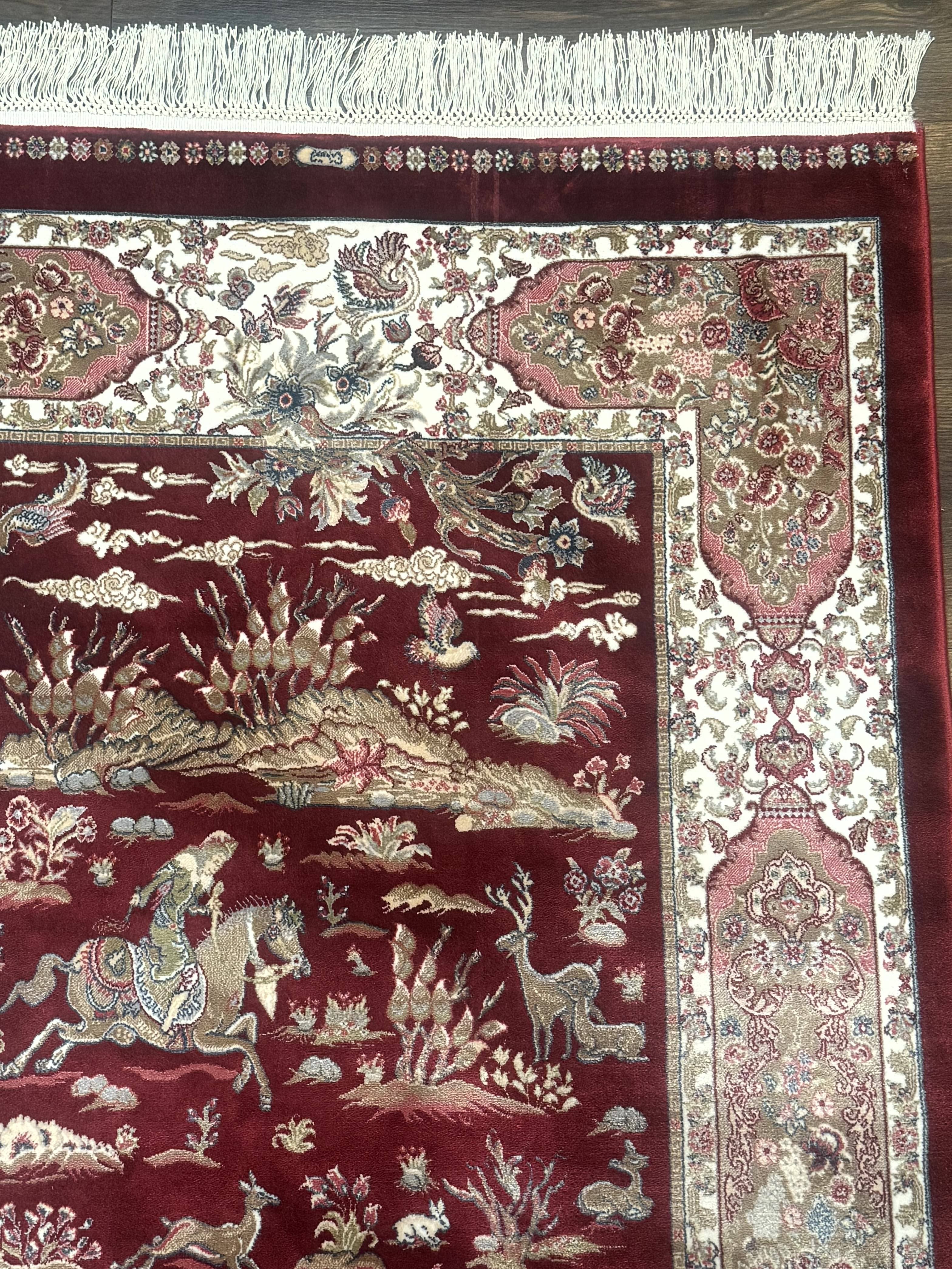 Turkish Silk Rug 3x5, Hunting Design, Dark Red & Ivory, Bamboo Silk, New - Jewel Rugs