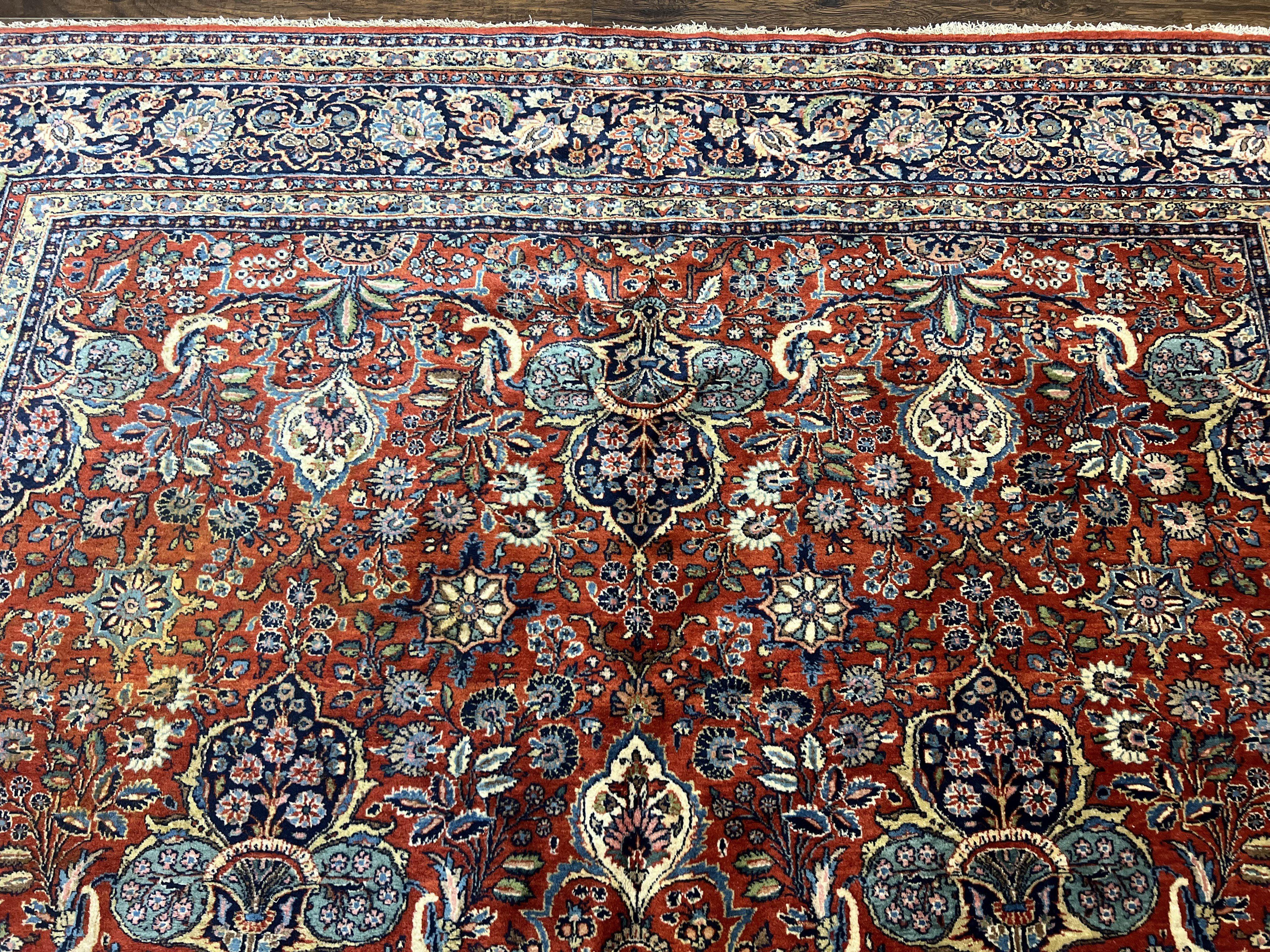 Persian Sarouk Rug 9x12, Red and Dark Blue Floral Allover Antique Persian Carpet, Handmade Wool Qazvin Rug - Jewel Rugs