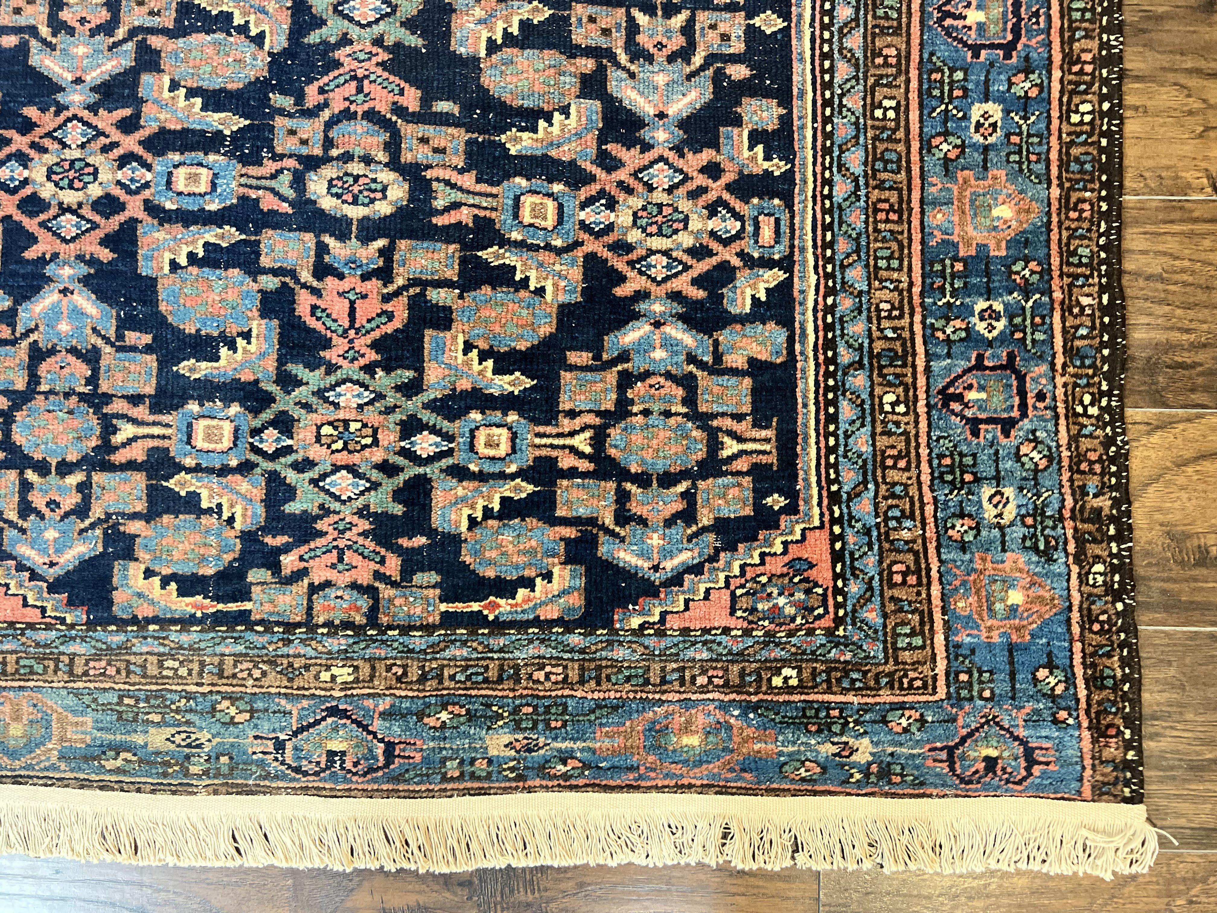 Antique Persian Tribal Rug 5x7, Navy Blue & Pink, Hand Knotted Handmade 1920s Wool Rug, Allover Pattern, Persian Hamadan Rug - Jewel Rugs