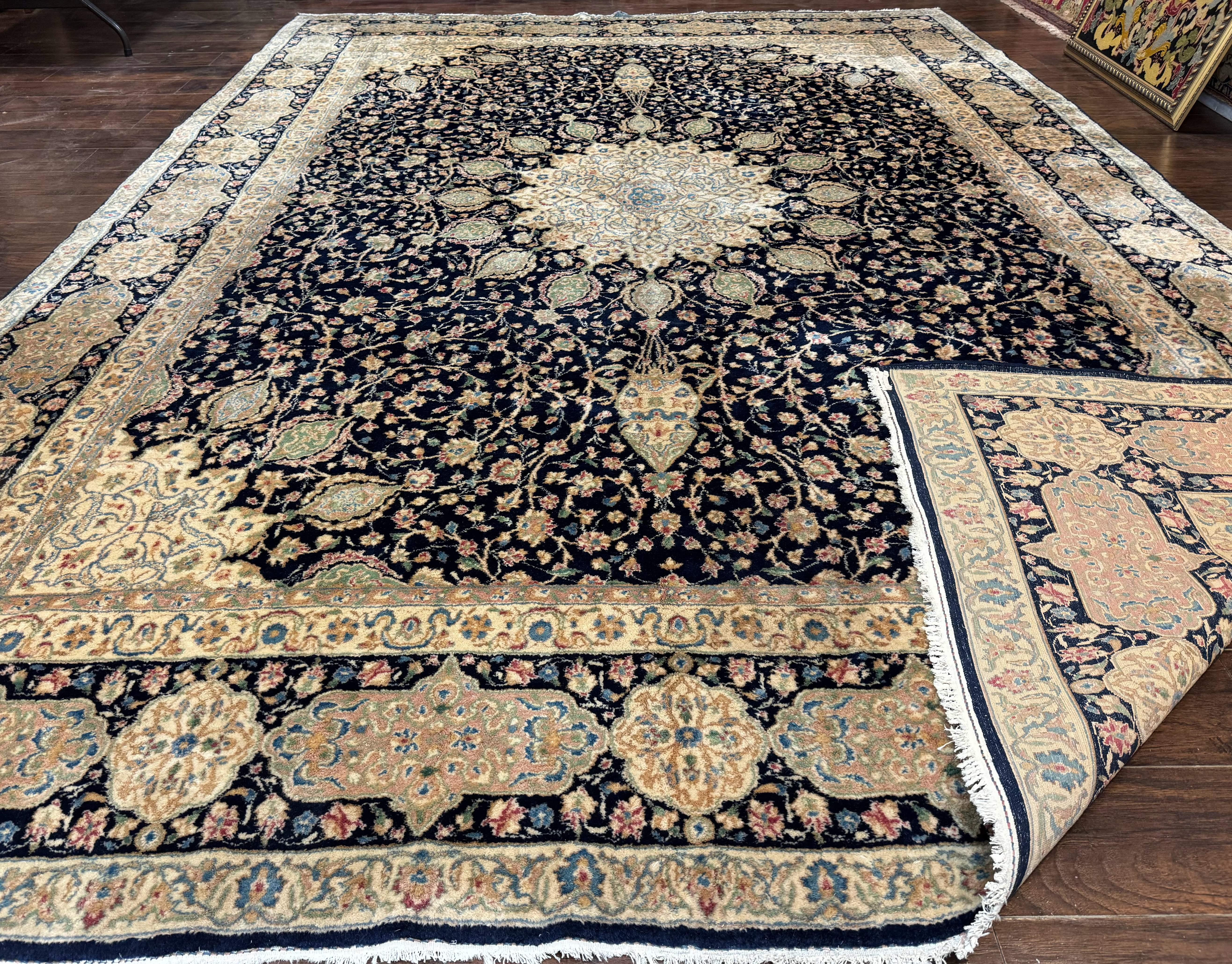 Large Persian Kerman Rug 10x14, Navy Blue and Beige, Floral Medallion, Traditional Elegant Persian Carpet, Signed by Masterweaver - Jewel Rugs