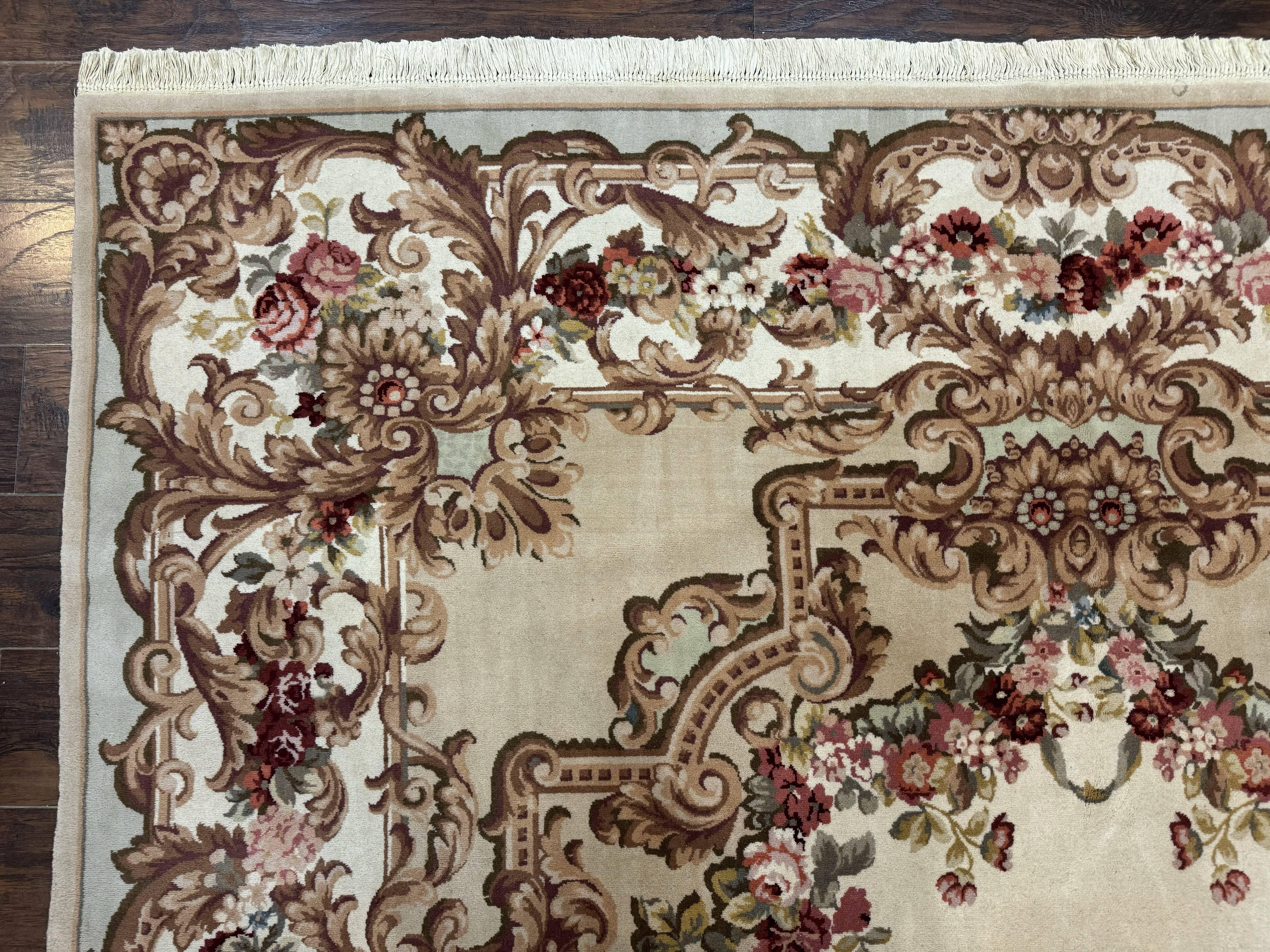 Aubusson Rug 8x12, European French Savonnerie Design, Thick Wool Pile, Elegant Rug, Cream Beige Light Green - Jewel Rugs