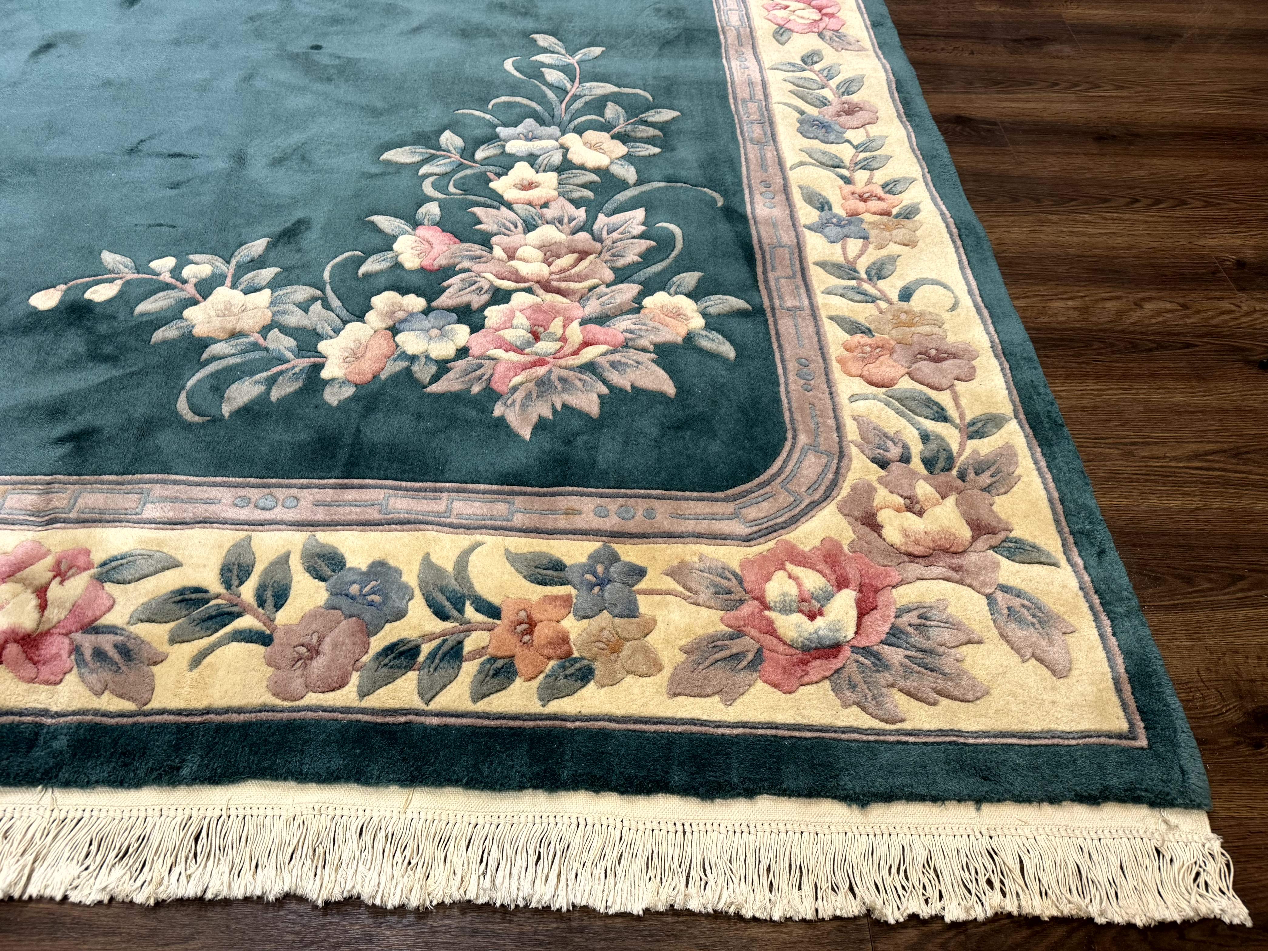 Chinese 90 Line Rug 8x11 ft – Teal and Beige, Hand-Knotted Wool, Aubusson Vintage Carpet - Jewel Rugs
