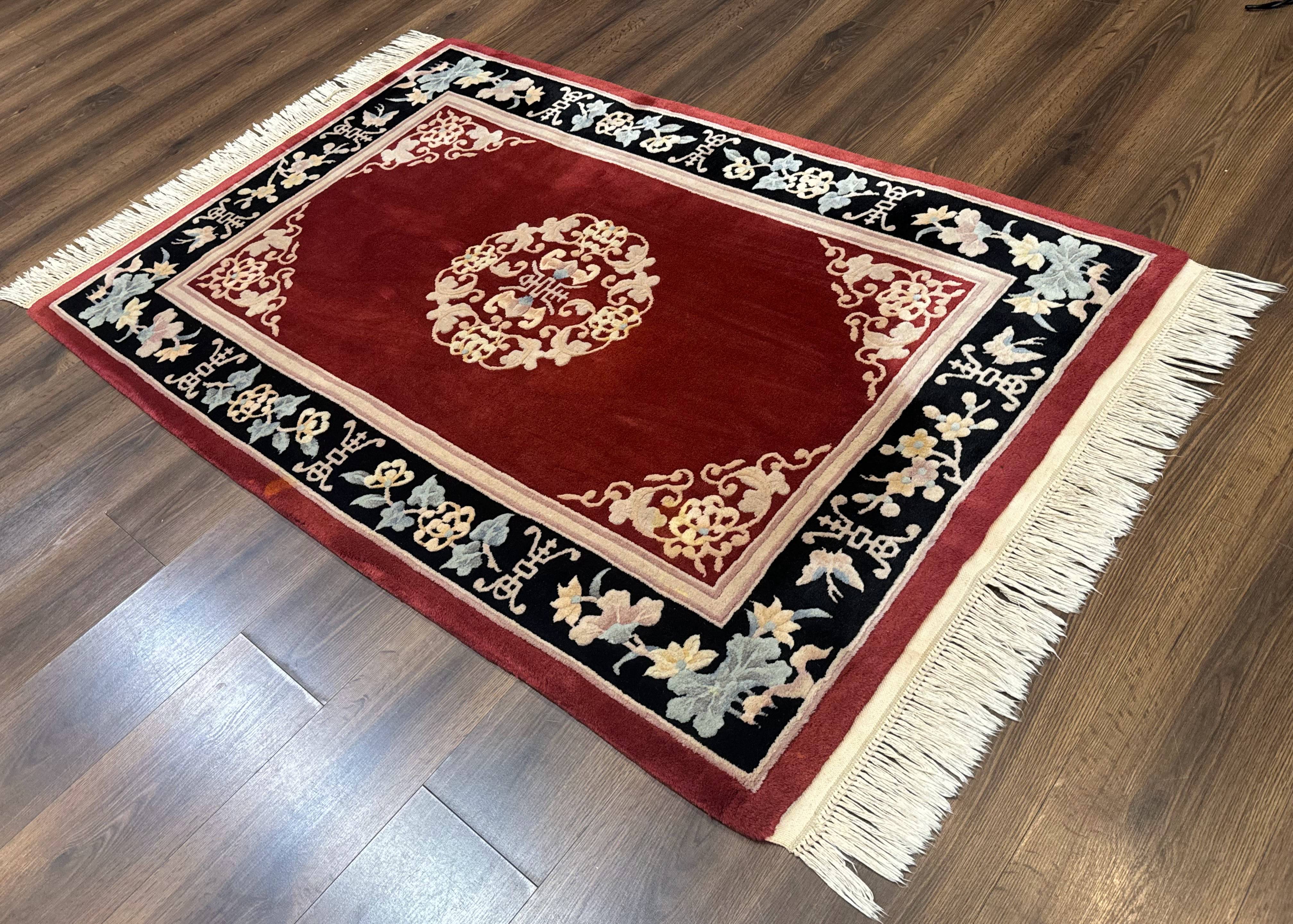 Chinese Wool Rug 4x6, Maroon and Black, Butterflies, Chinese Oriental Carpet, 90 Line Rug - Jewel Rugs