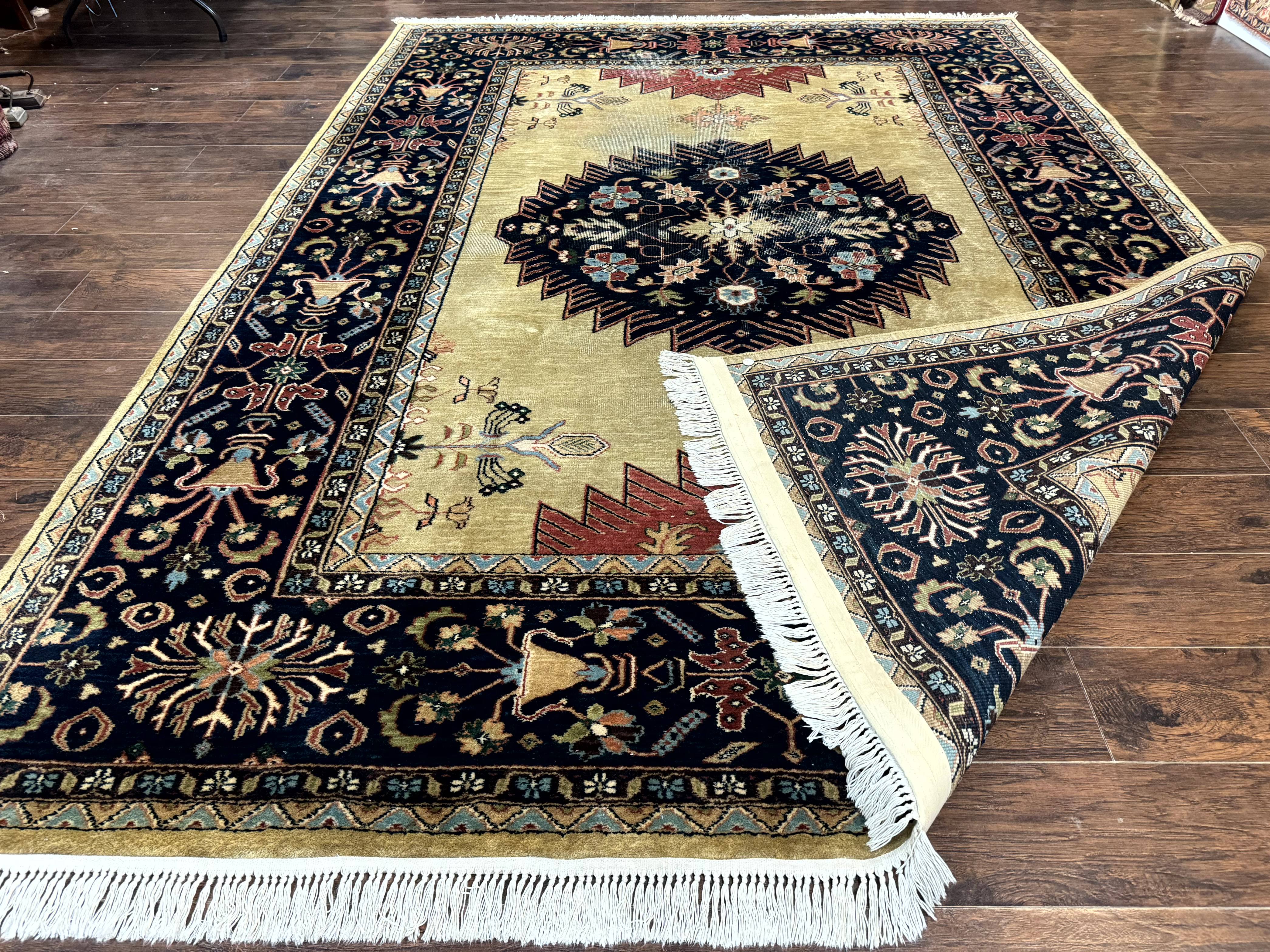 Indo Persian Heriz Rug 8x12, Camel Hair Tan and Navy Blue, Decorative - Jewel Rugs