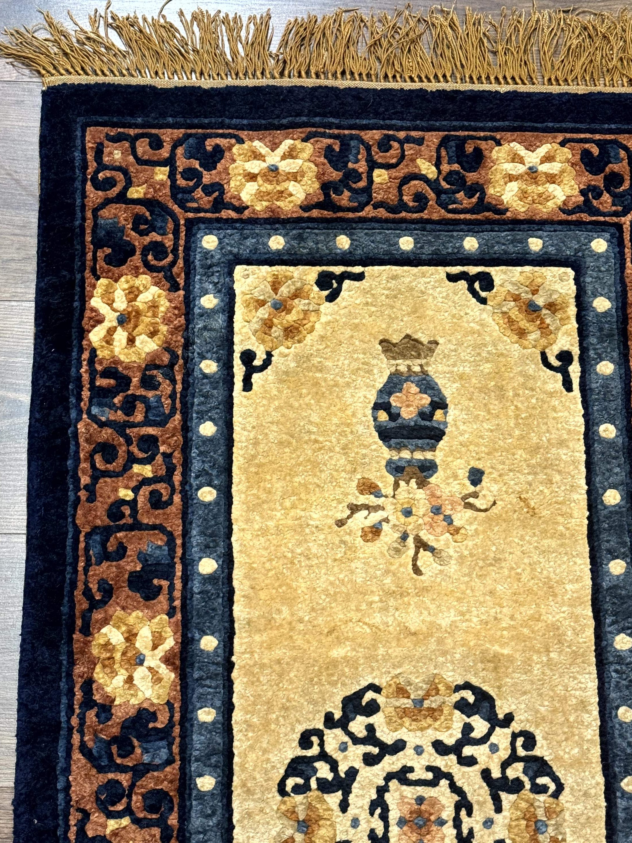 Silk Chinese Rug 2x4, Peking Carpet, Golden-Beige and Blue, Hand Knotted, Simple Design - Jewel Rugs