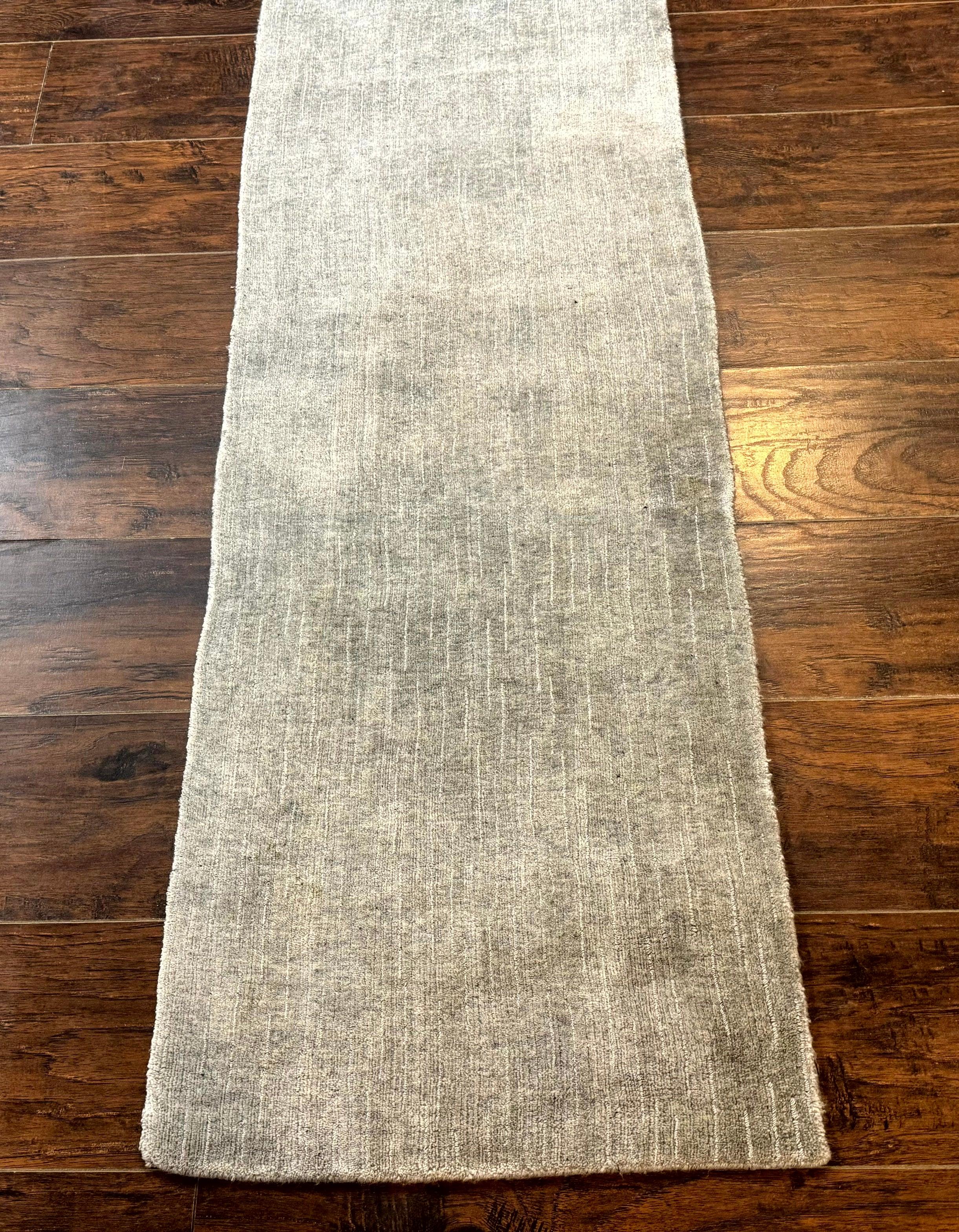 Modern Tibetan Runner Rug 1.9 x 8.6, Wool and Silk Highlights, Gray/Silver, Narrow Runner for Hallway or Kitchen - Jewel Rugs