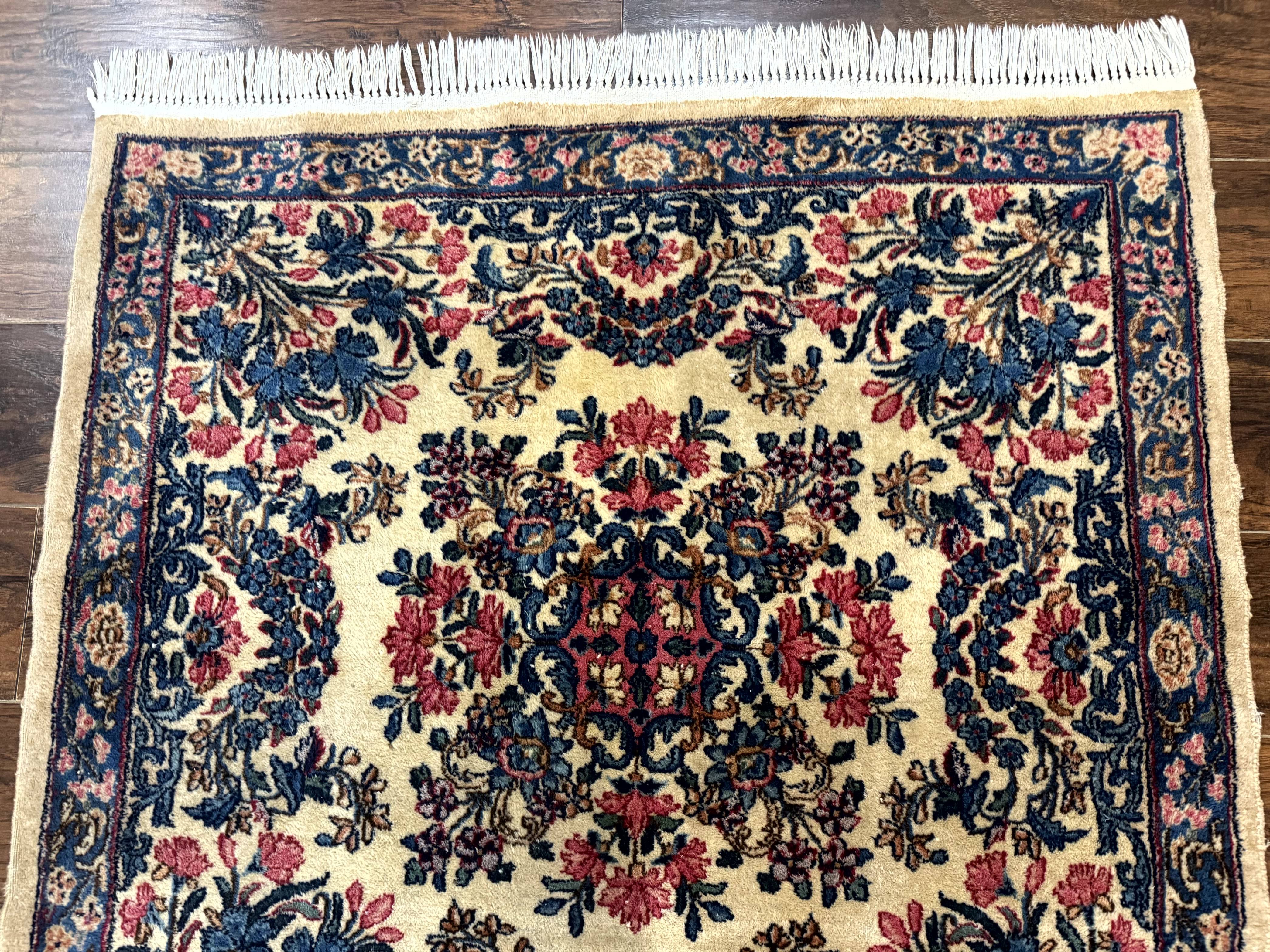 Square Persian Kerman Rug 4x4, Ivory Blue Pink, Handmade, Fine 225 KPSI - Jewel Rugs