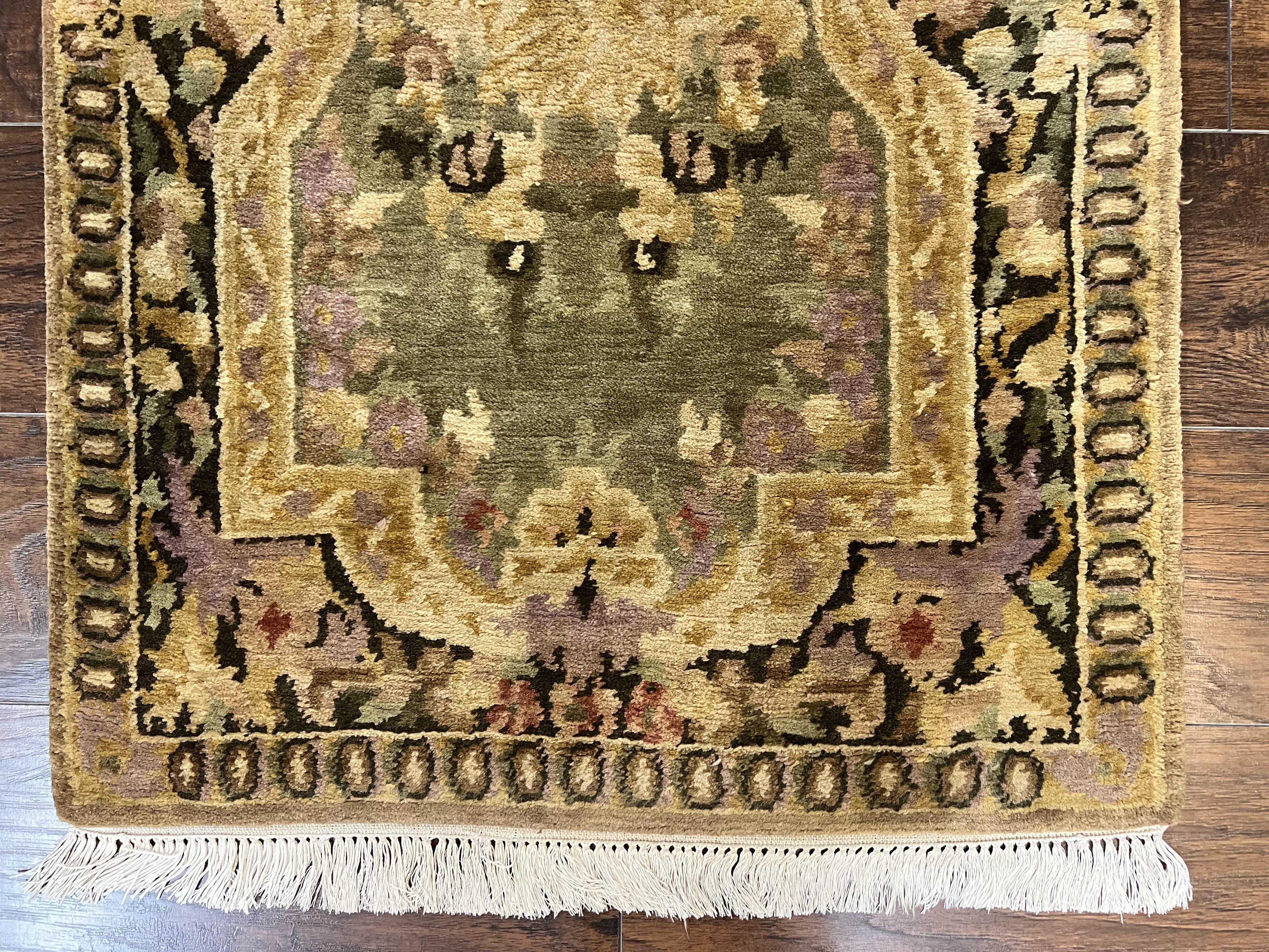 Tibetan Runner Rug 2.6 x 10, French Aubusson Pattern, Gold Olive Green, Vintage Handmade European Design, Wool Hallway Rug - Jewel Rugs