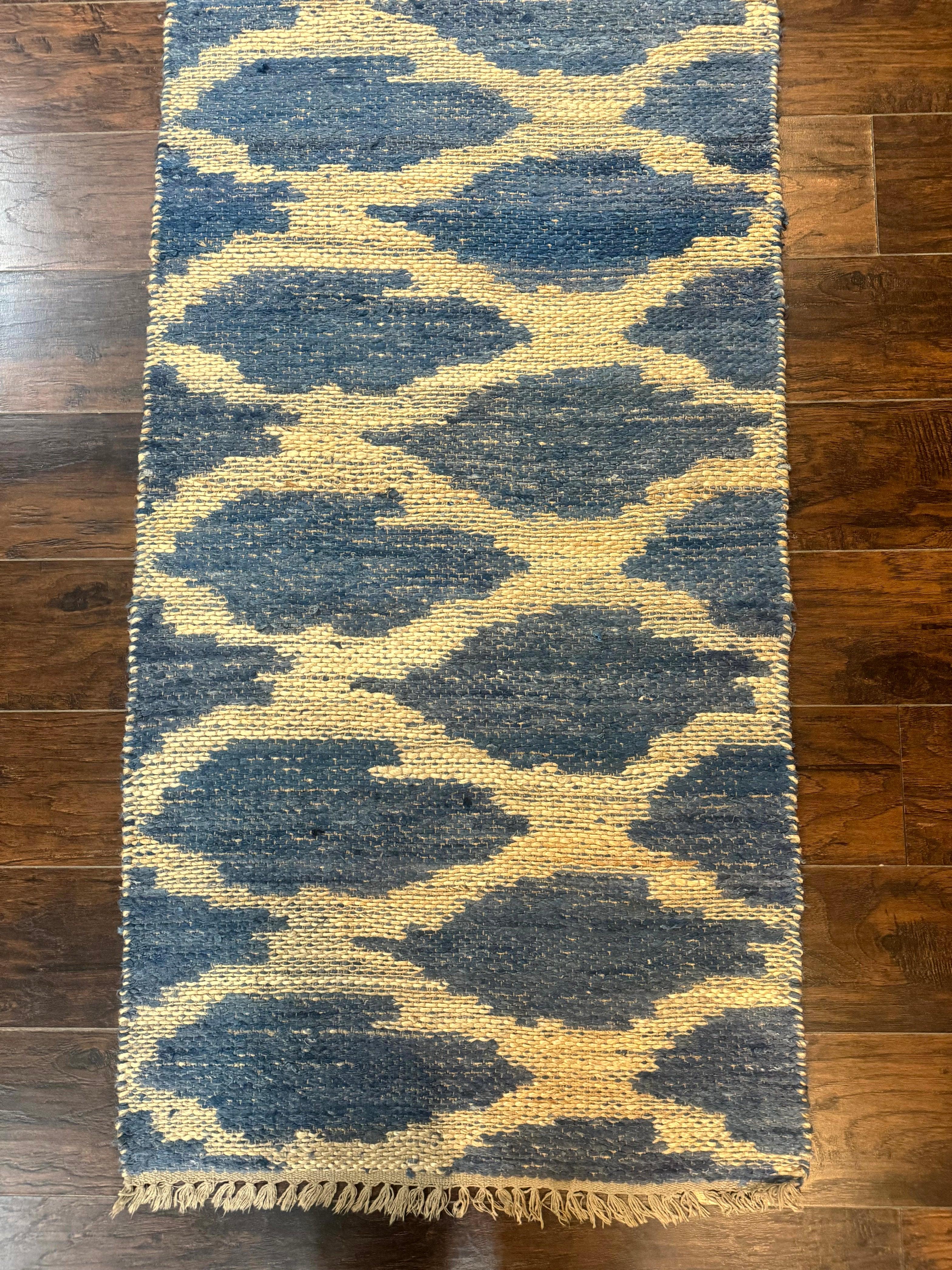 Modern Jute Runner Rug 2.9 x 7.9, Beige and Blue, Handwoven, Kaleen Rug - Jewel Rugs