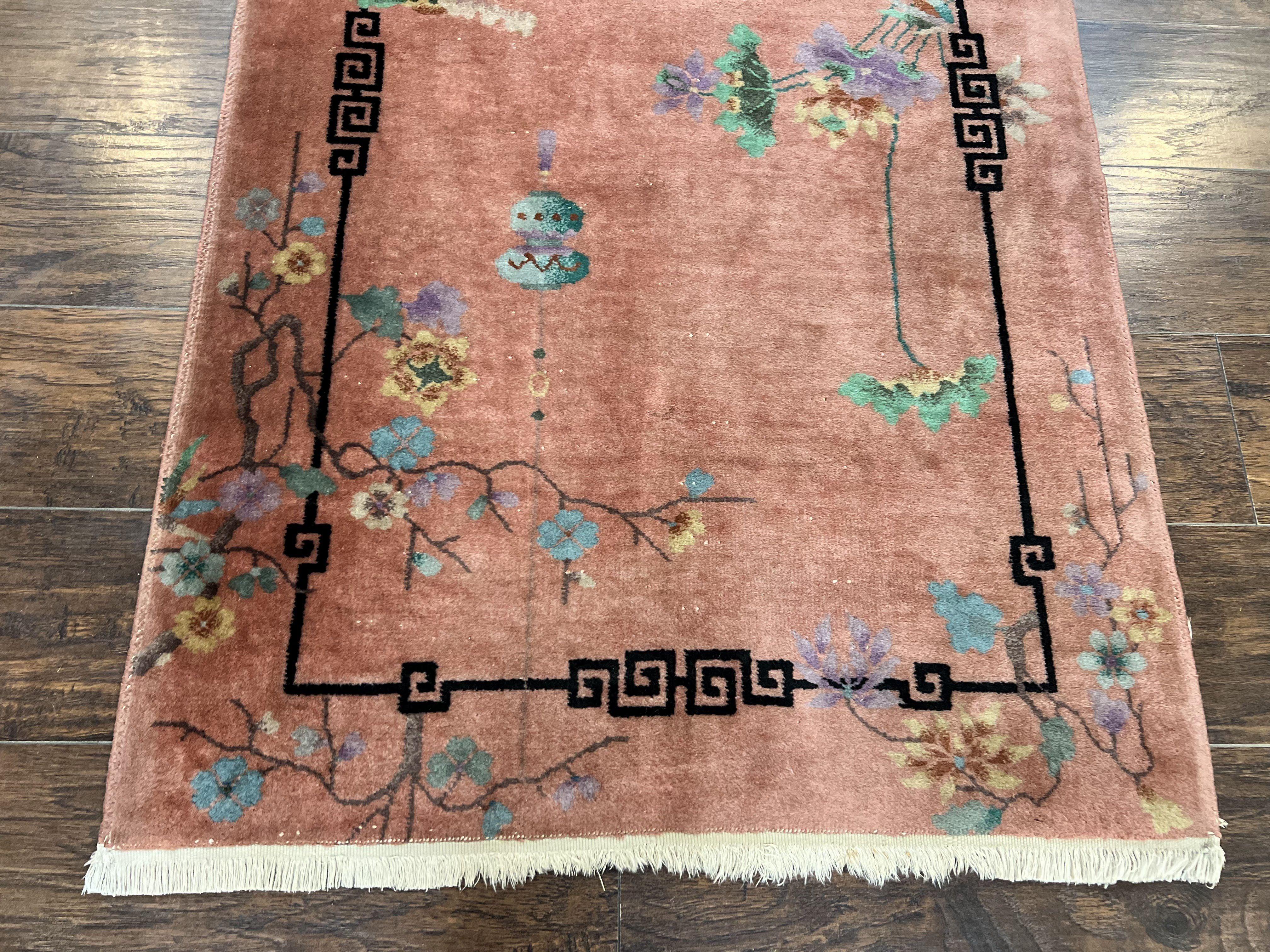 Chinese Art Deco Rug 3x5, Wool Hand Knotted Semi Antique Vintage Carpet, Salmon Red, Birds Flowers, Asian Oriental Rug 3 x 5 - Jewel Rugs