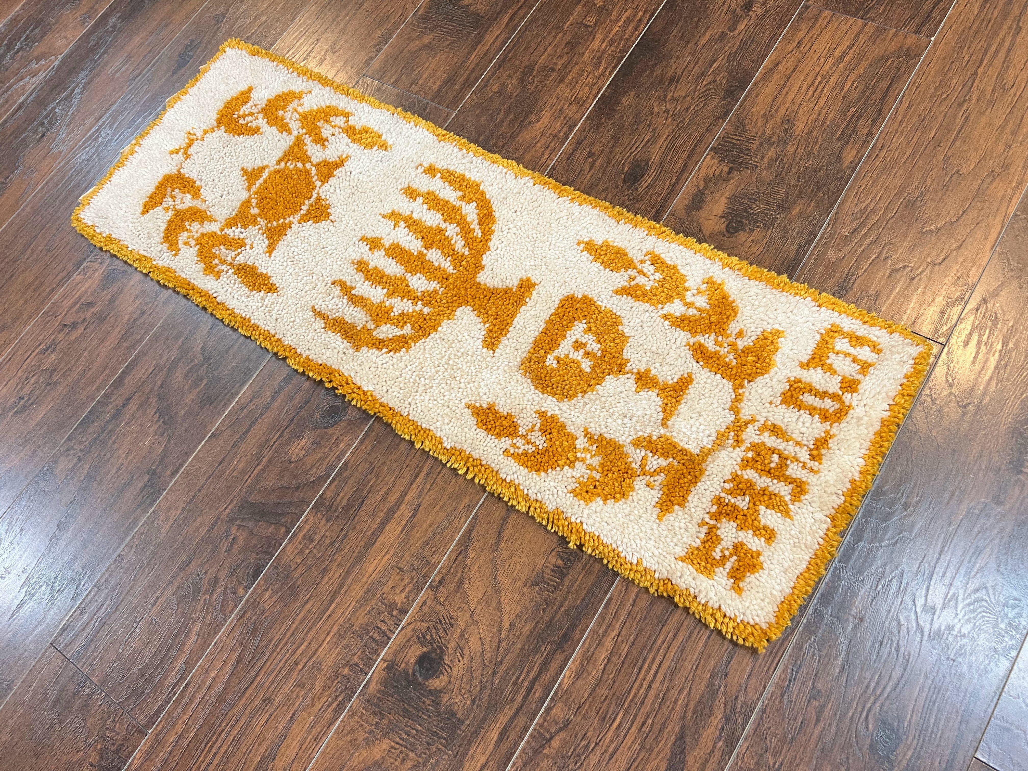 Unique Judaica Wall Hanging Rug 1.5 x 4, Shalom Menorah Jewish Star Kiddush Cup Chai Wall Hanging, Vintage, Wool, Ivory and Orange - Jewel Rugs