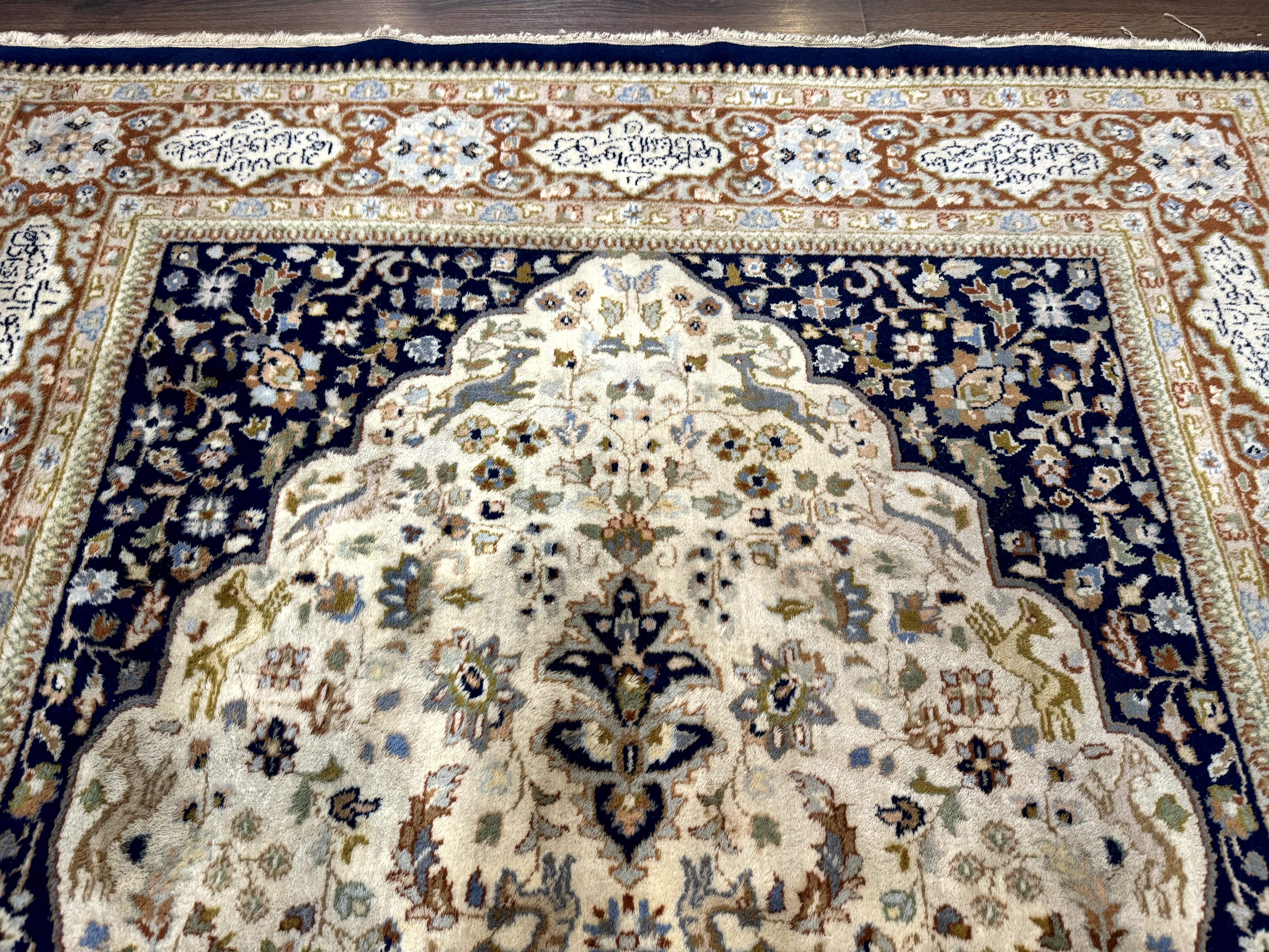 Indo Persian Rug 6x9 – Ivory and Navy, Hunting Design, Wool, Vintage, Poetry in Borders - Jewel Rugs