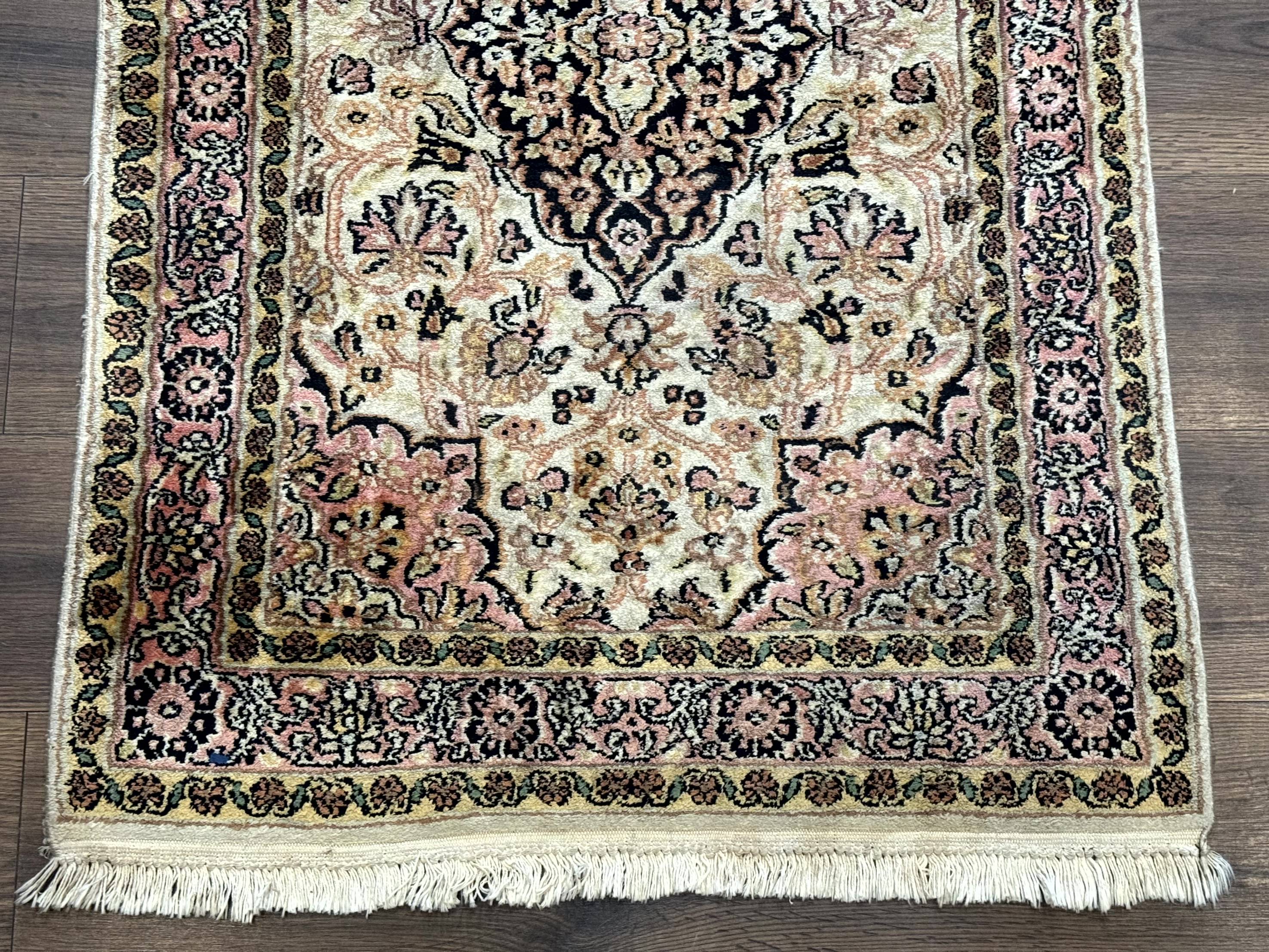 Silk Indian Kashmiri Runner Rug 2.7 x 9.8, Floral Medallions - Jewel Rugs