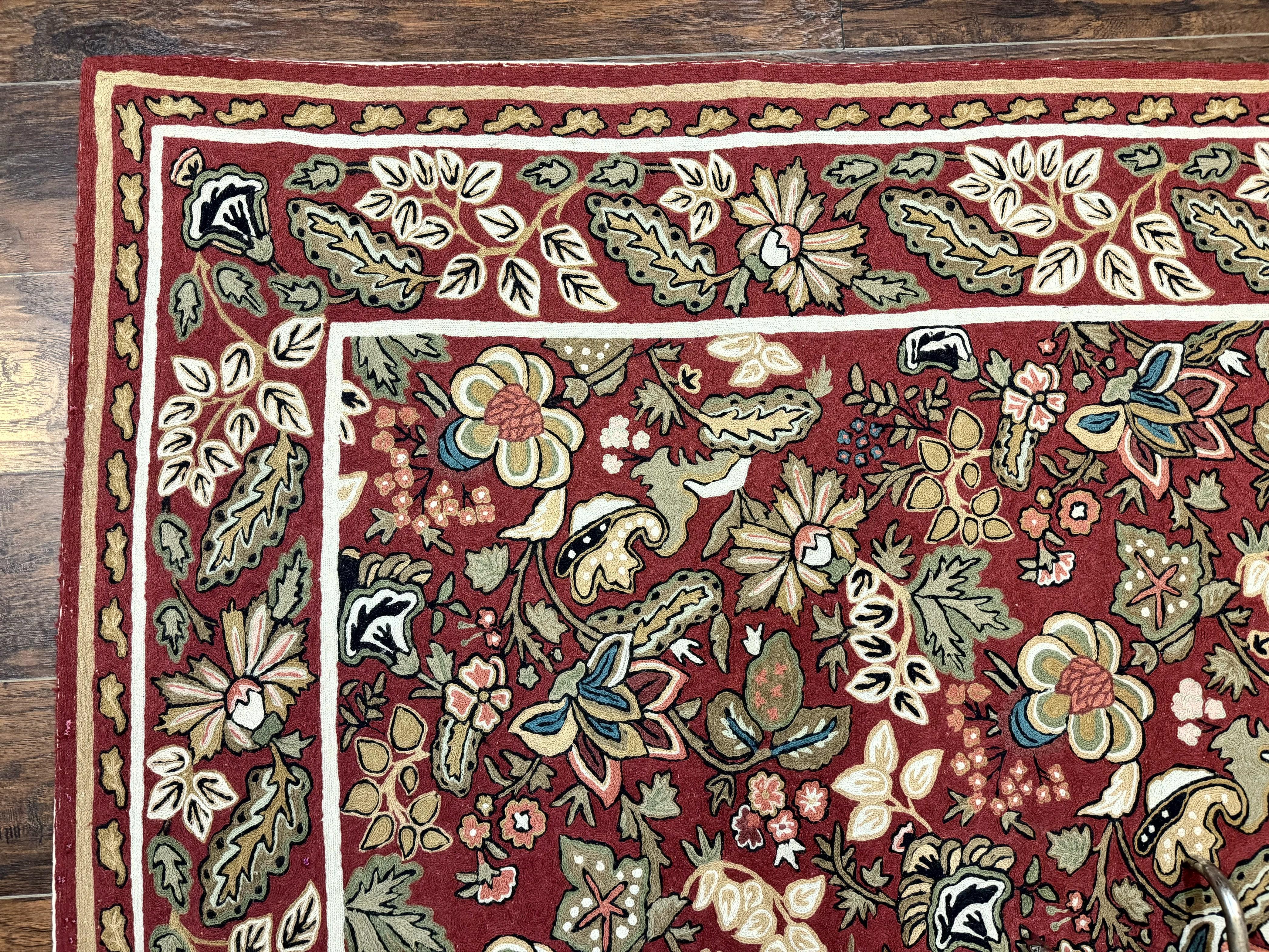 Indian Hand Stitched Rug 8x10, Large Vintage Floral Handmade Carpet, Dark Red Multicolor - Jewel Rugs