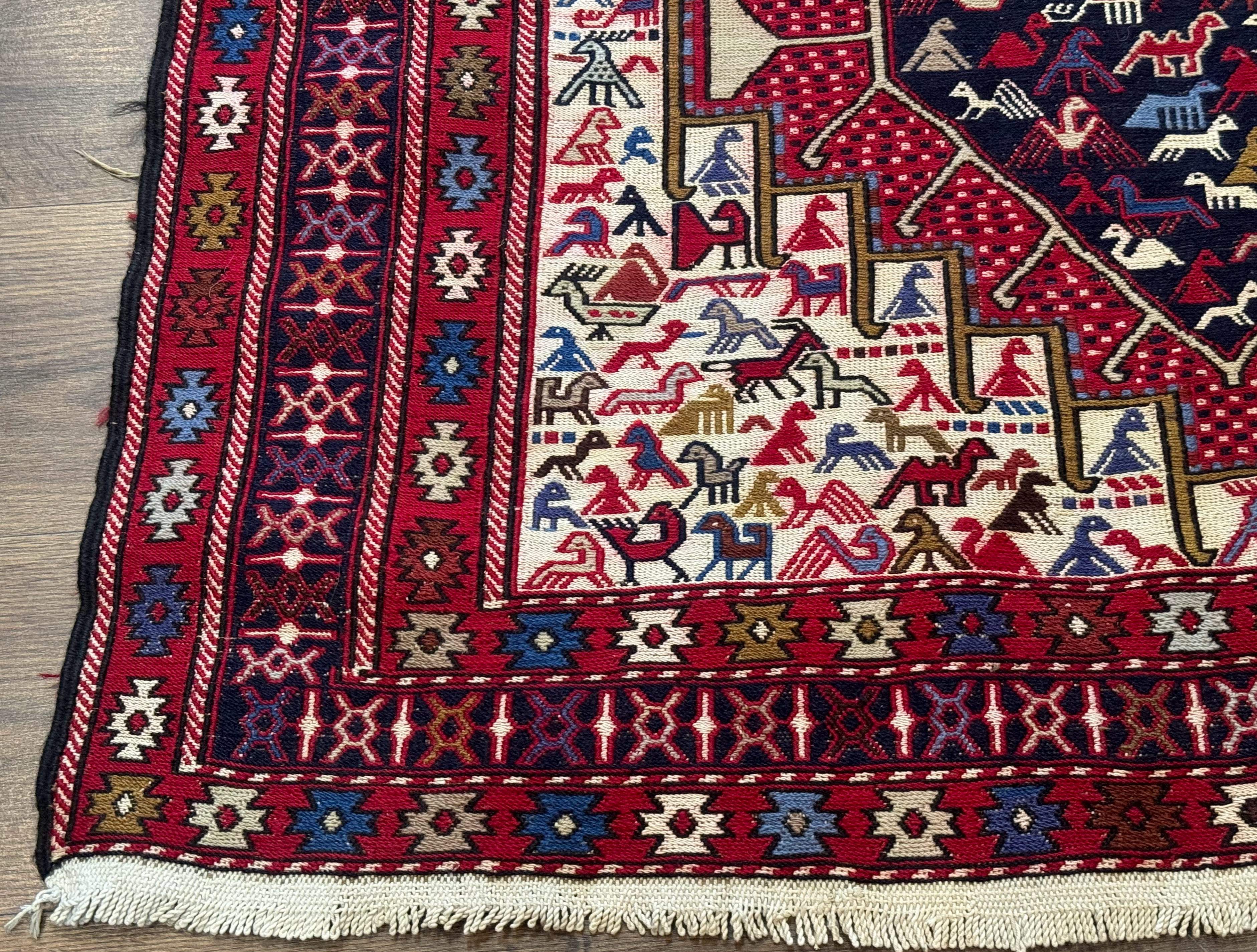 Persian Soumak Kilim Rug 4x6, Triple Medallions Tribal Pictorials, Caucasian Azerbaijani Kilim - Jewel Rugs