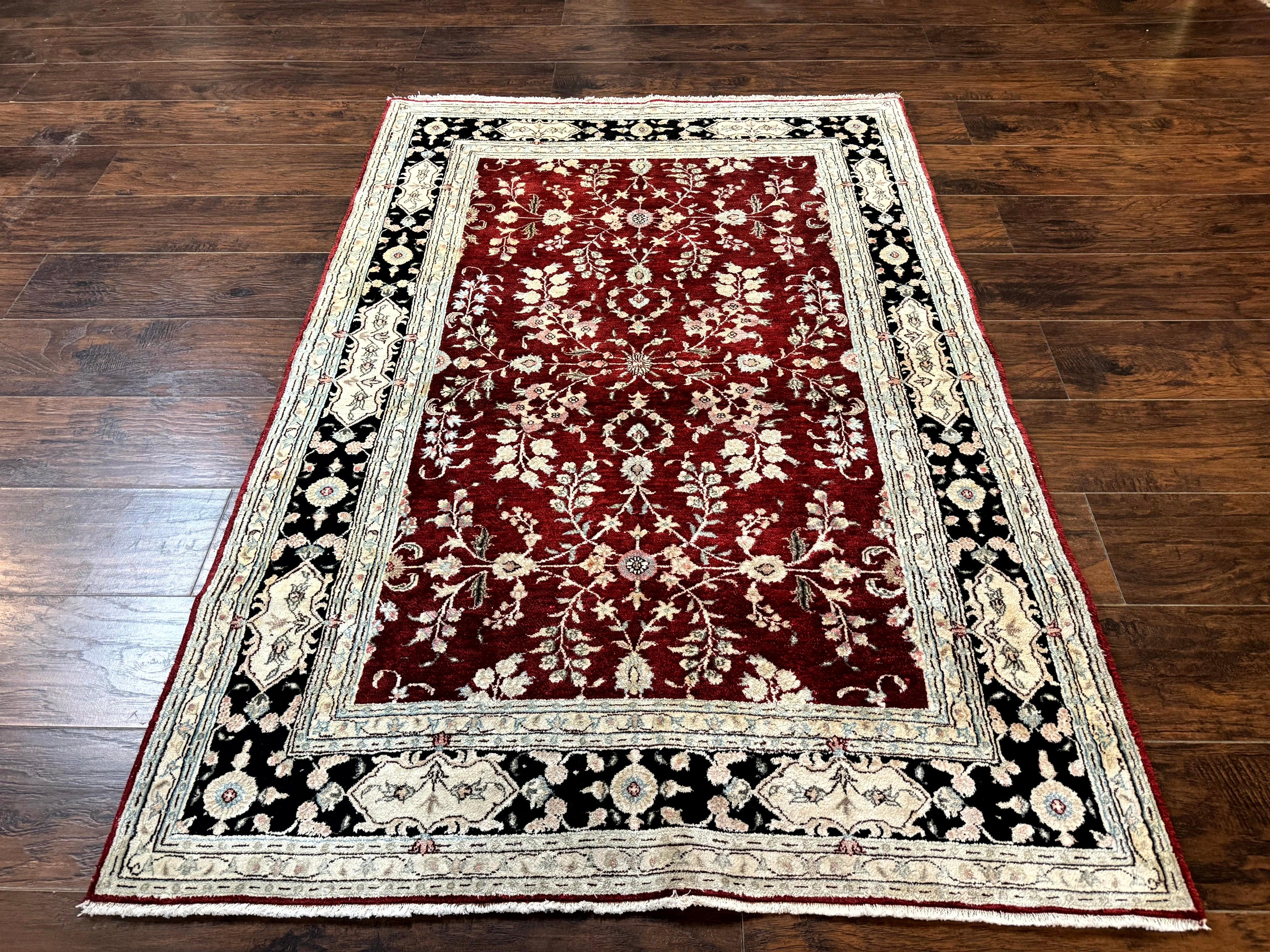 Indian Kashmiri Rug 4x5, Silk on Cotton Area Rug, Red, Handmade - Jewel Rugs