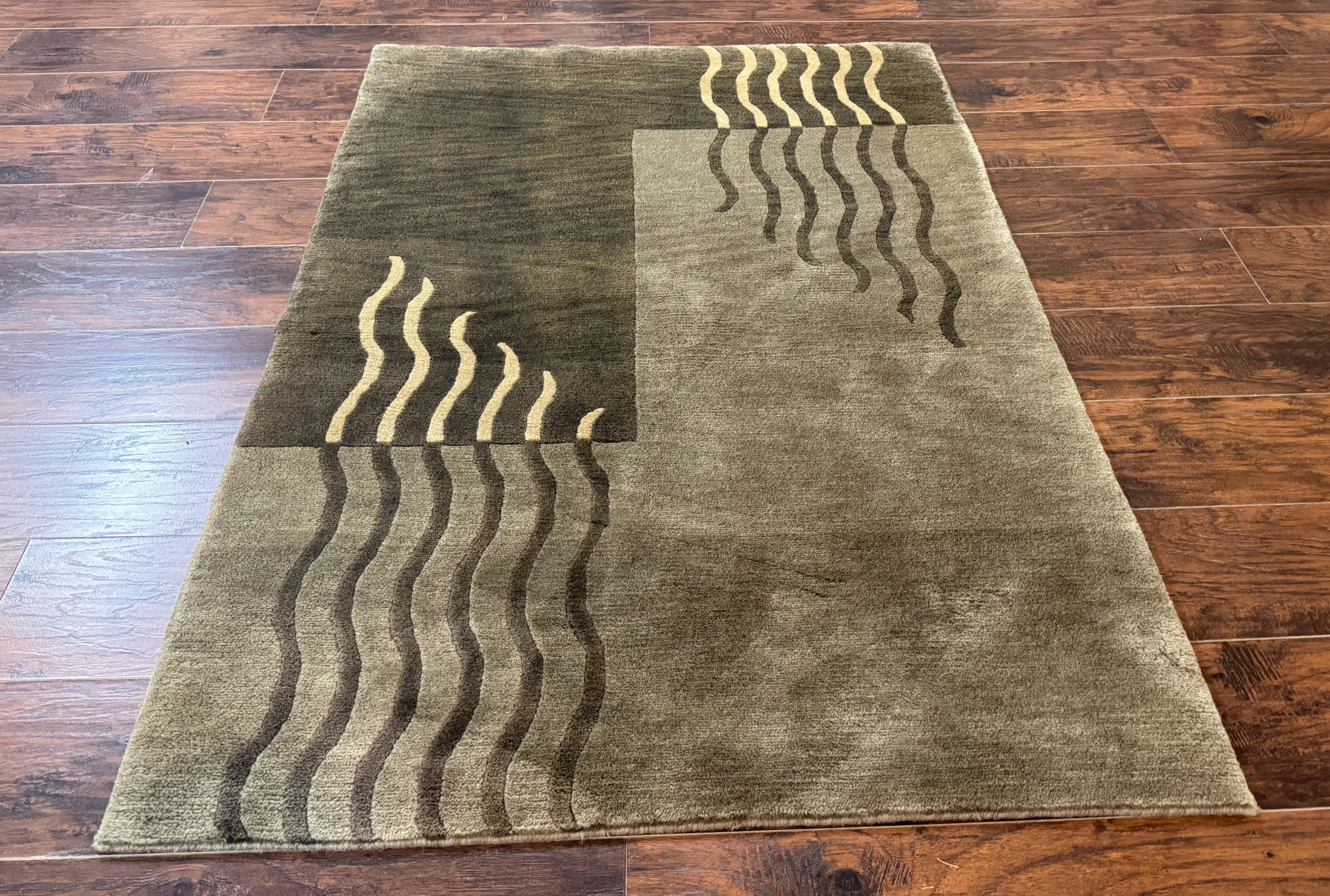 Modern Tibetan Wool Rug 3.6 x 5.6, Shades of Green, Abstract Design - Jewel Rugs