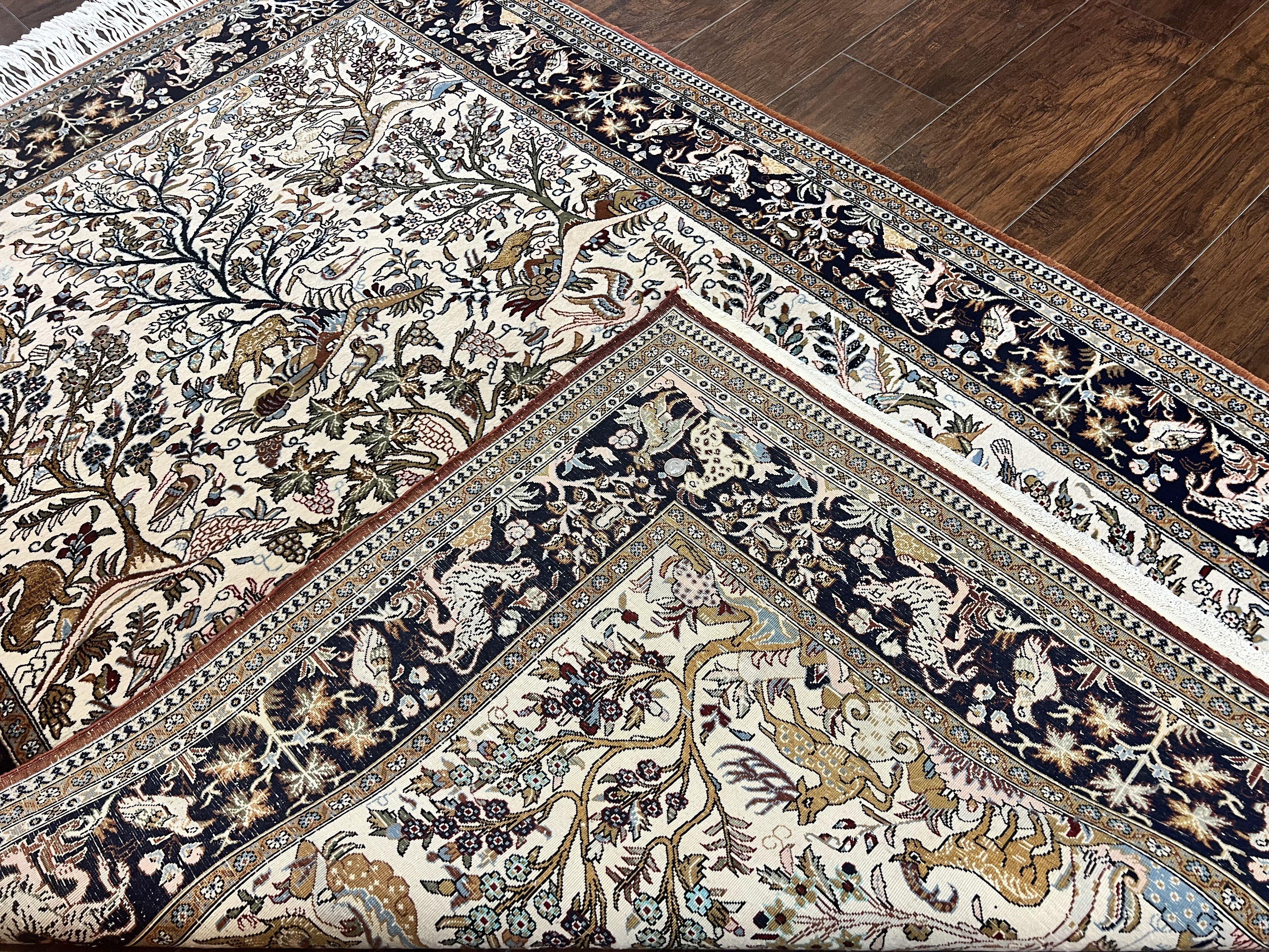 Persian Qum Tree of Life Rug 5x7, Wool and Silk Highlights, Animal Motifs, Vintage Hand Knotted Handmade Cream & Black Fine Oriental Carpet - Jewel Rugs