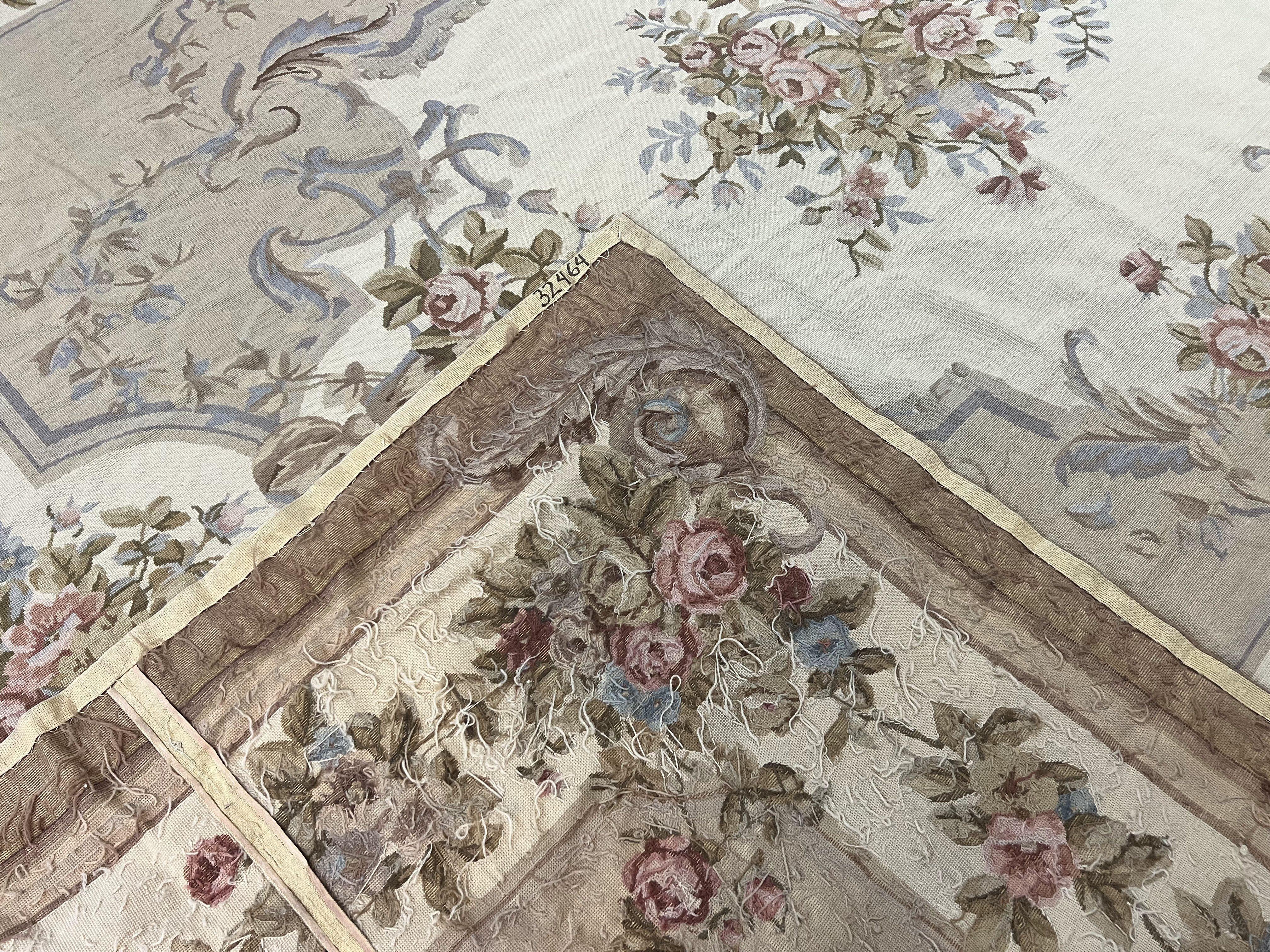 Aubusson Needlepoint Rug 9x12, VIntage Handmade Wool Beige Floral European Elegant Rug 9 x 12, Floral Roses - Jewel Rugs