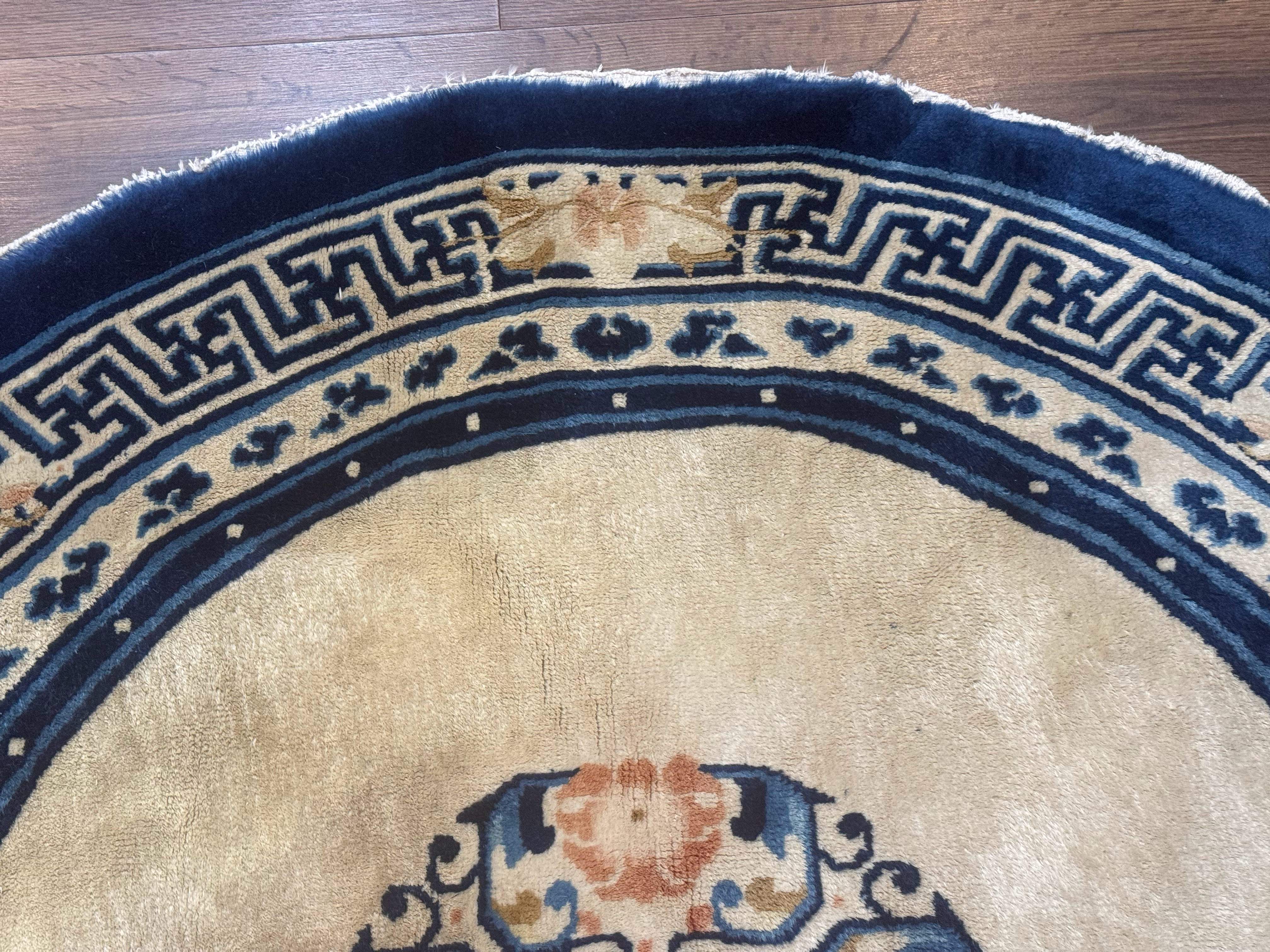 Round Antique Chinese Peking Rug 4x4, Cream and Blue, Wool - Jewel Rugs