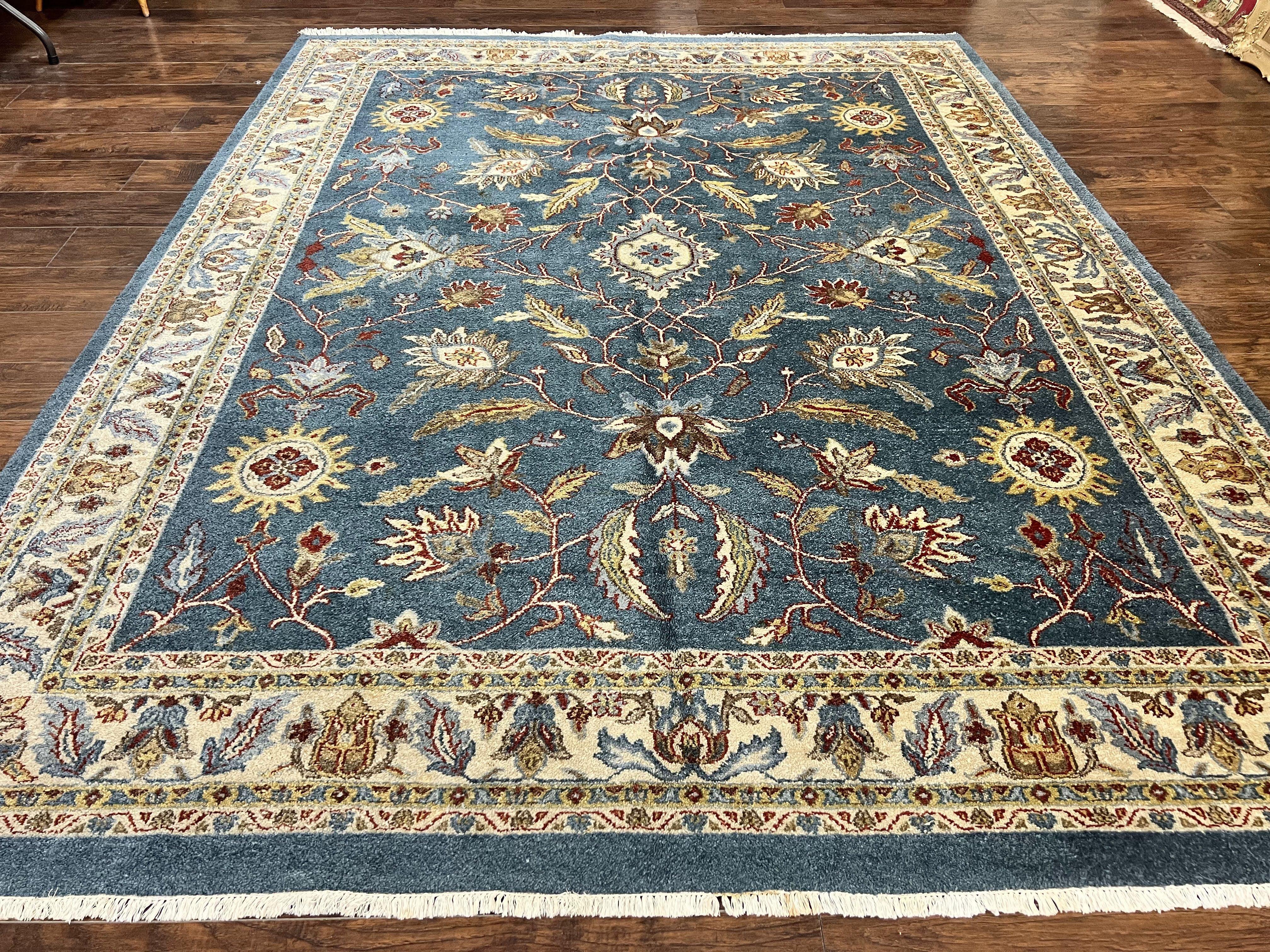 Indo Persian Rug 8x10, Blue Oriental Carpet, Floral, Handmade Vintage Wool Rug - Jewel Rugs