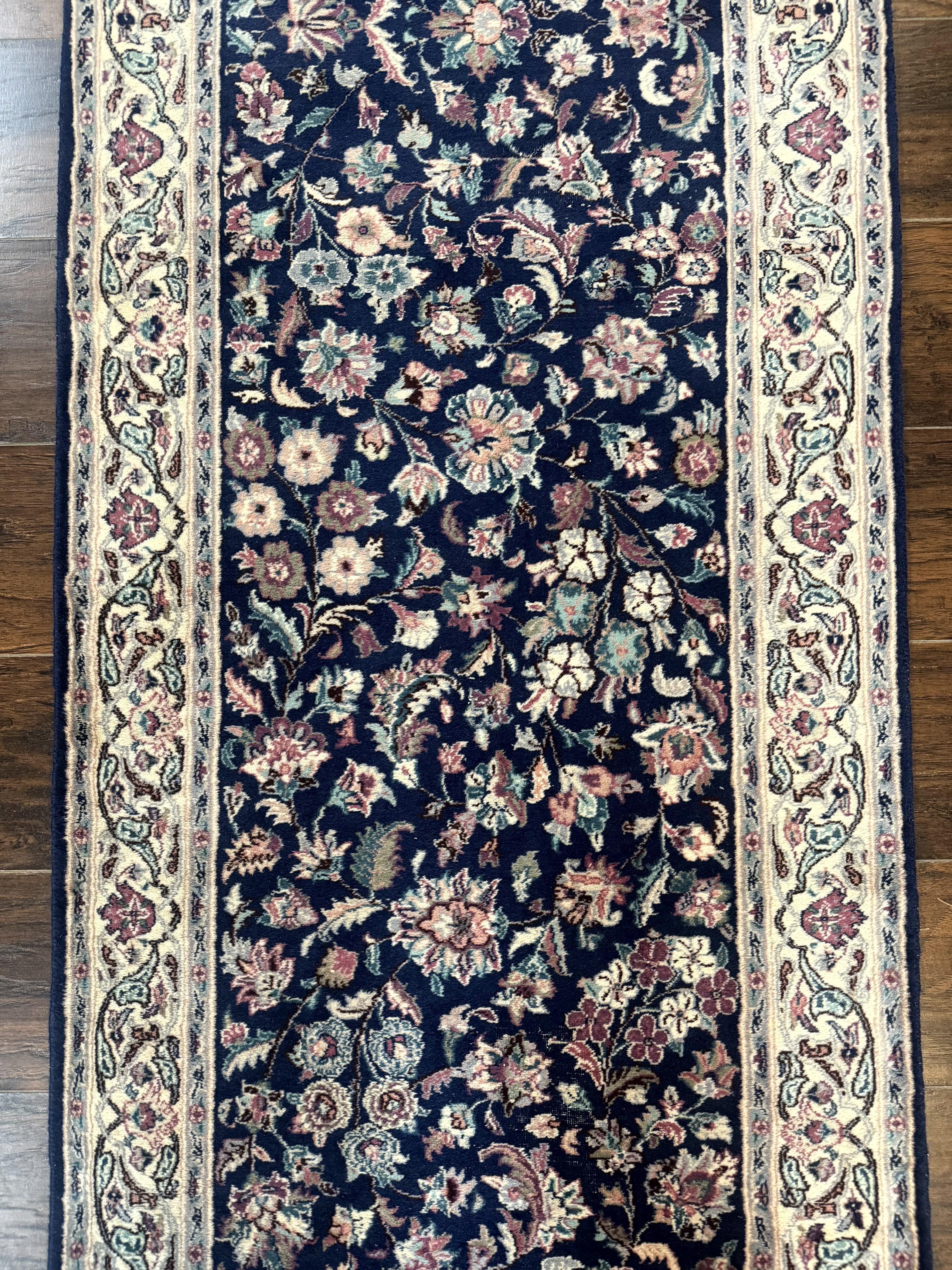 Persian Runner Rug 2.7 x 12.6, Navy Blue, Very Fine 270 KPSI, Handmade Wool Oriental Runner Rug for Hallway or Kitchen, Pak Persian Runner - Jewel Rugs