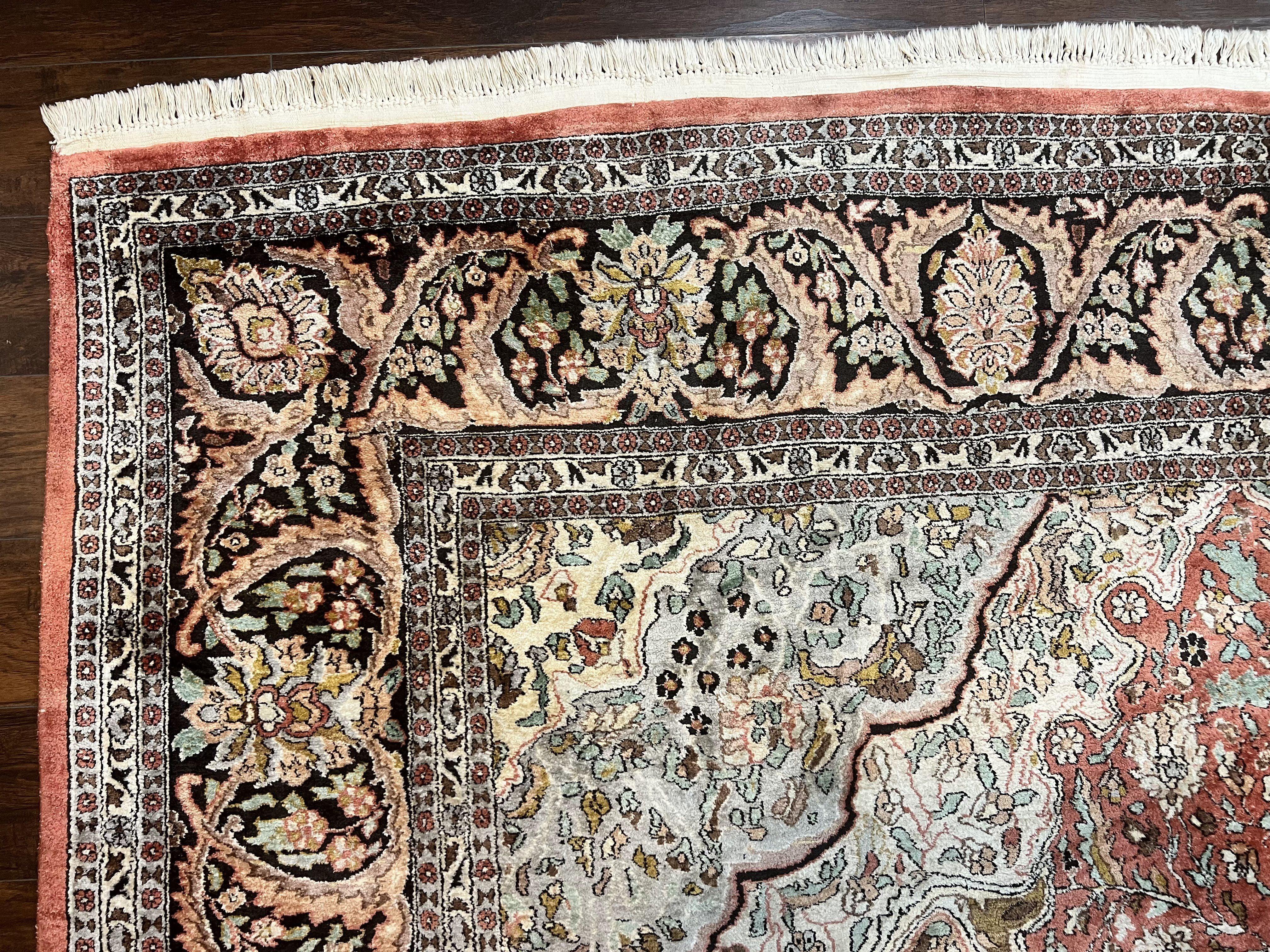 Silk Indian Kashmir Rug 10x14, Room Sized Silk Oriental Carpet, Indo Persian Kashmiri Rug, Traditional Floral Medallion Handmade Rug - Jewel Rugs