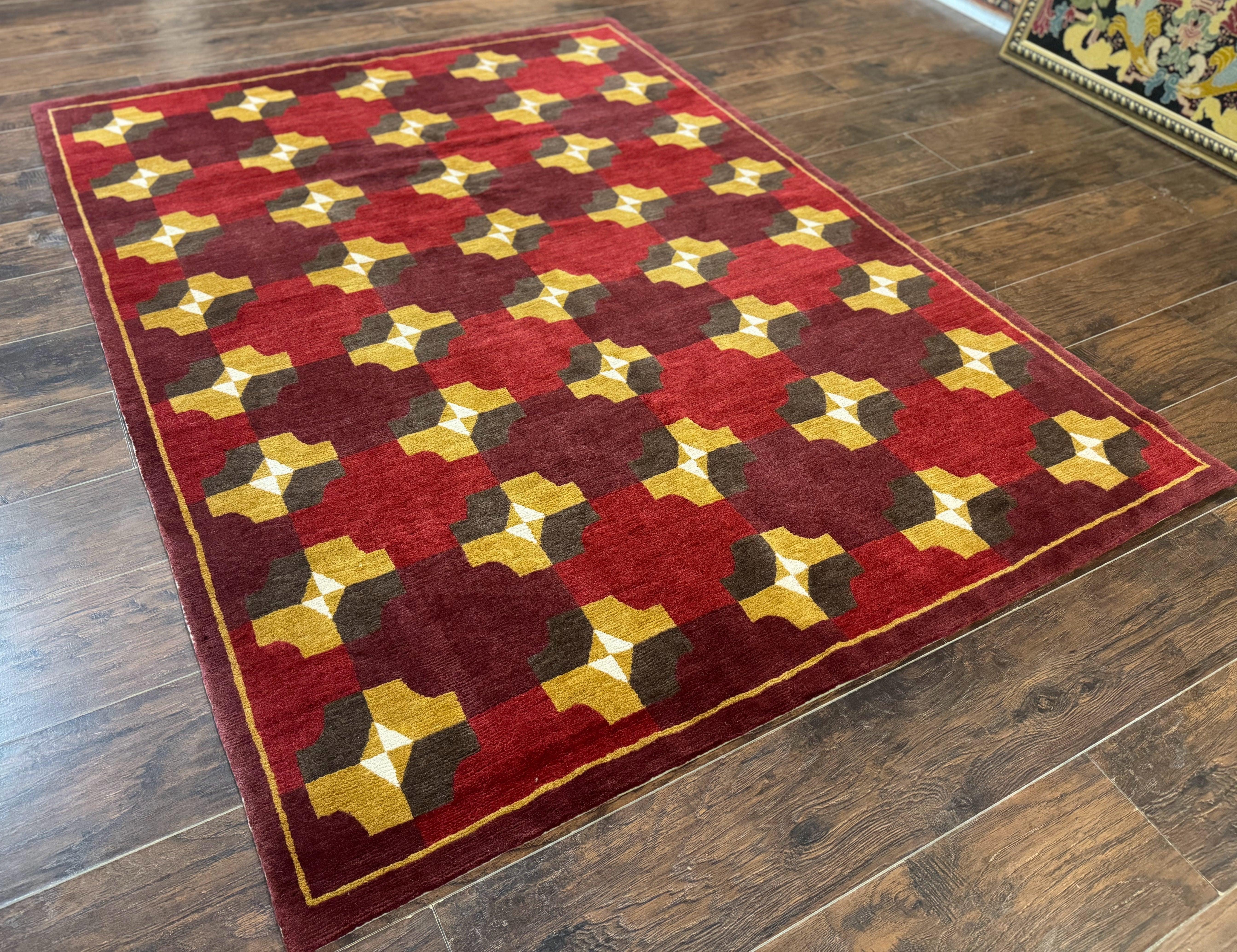 Modern Tibetan Rug 5 x 6.8, Wool, Red, Allover Pattern, Nepali Rug, Abstract Rug, Handmade Area Rug - Jewel Rugs