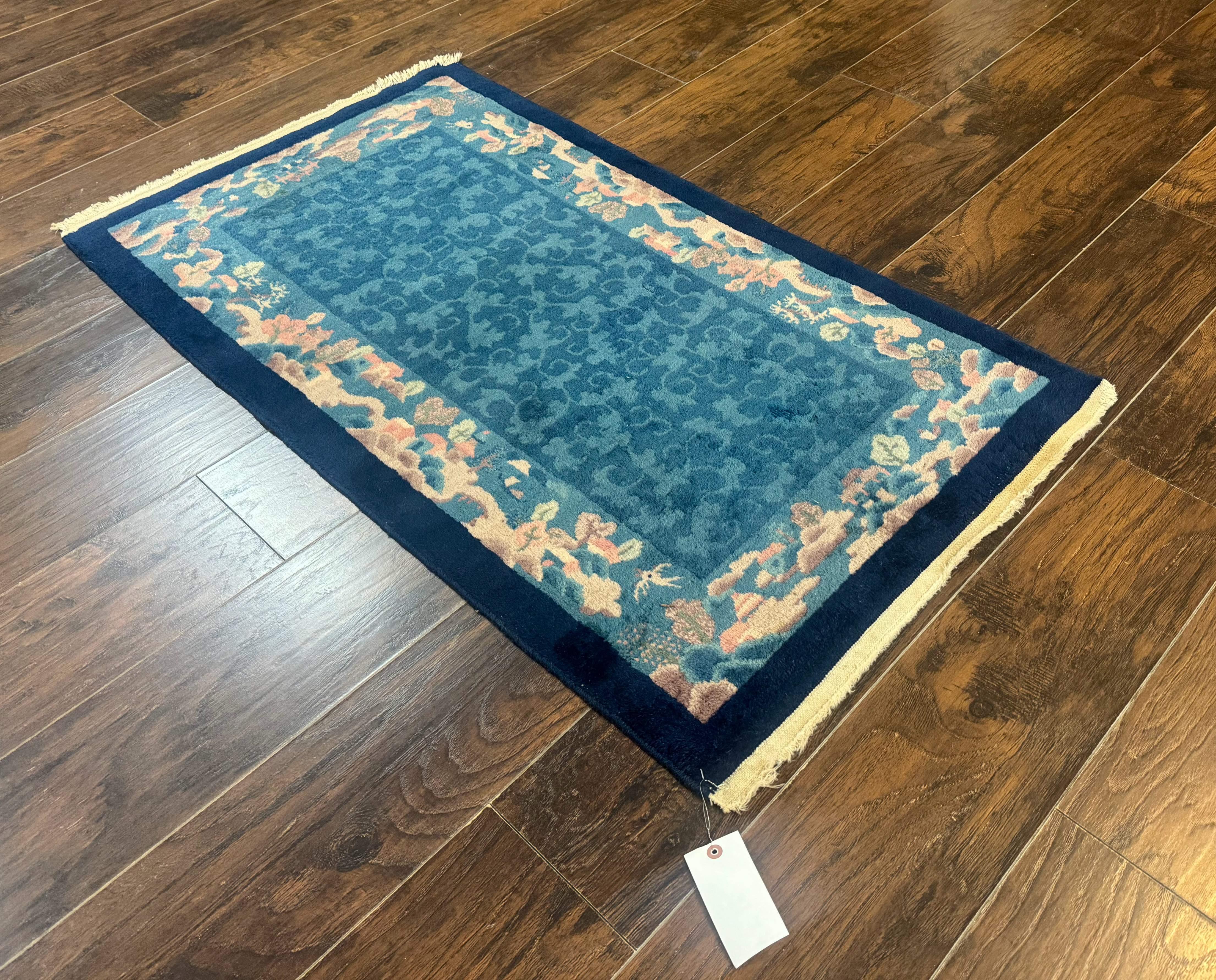 Blue Chinese Rug 2.6 x 4, Fete Rug, Peking Rug, Chinese Wool Rug, Art Deco Carpet - Jewel Rugs
