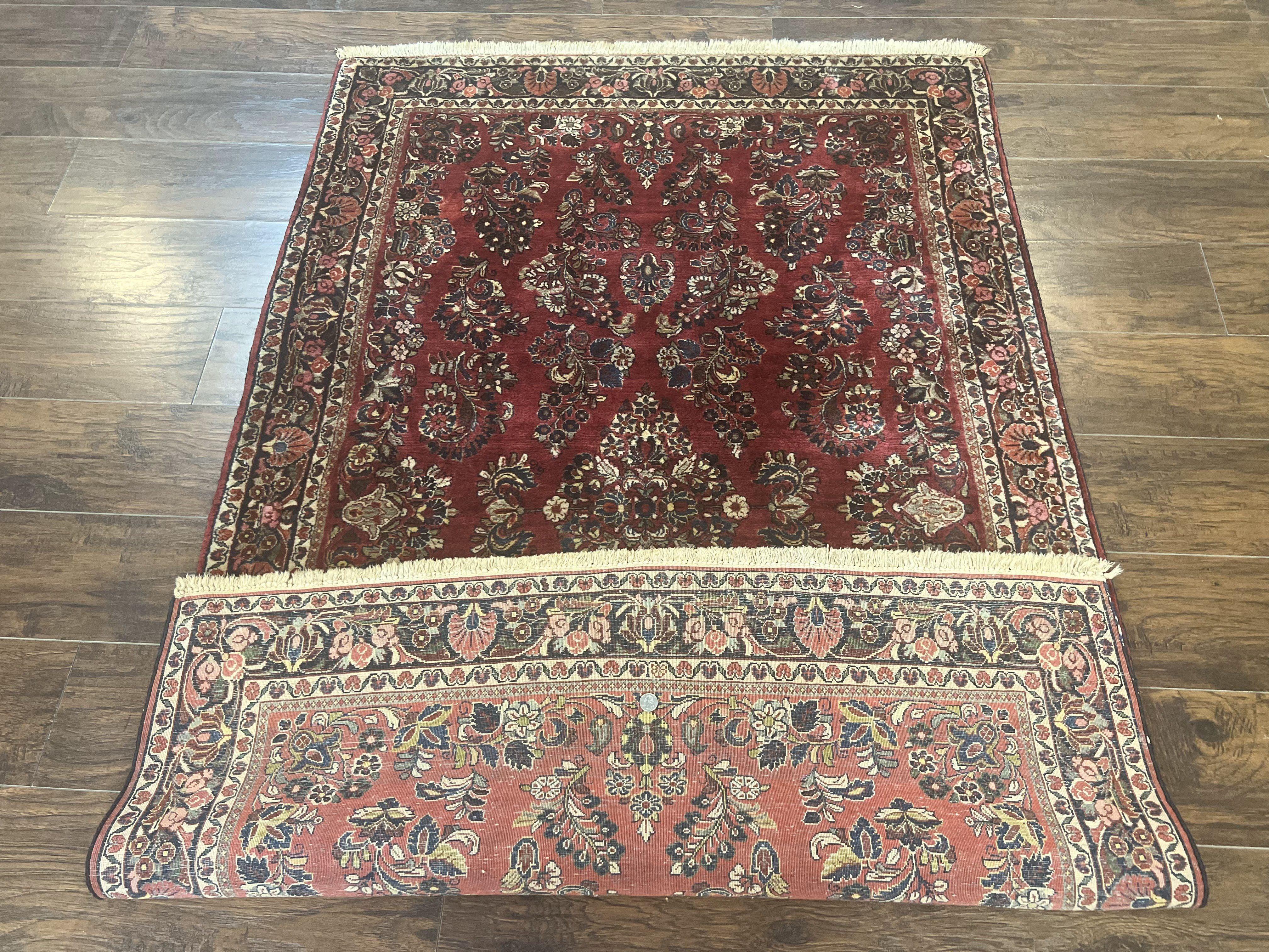 Antique Persian Sarouk Rug 4x7, Hand Knotted Wool Red Persian Carpet, Floral - Jewel Rugs