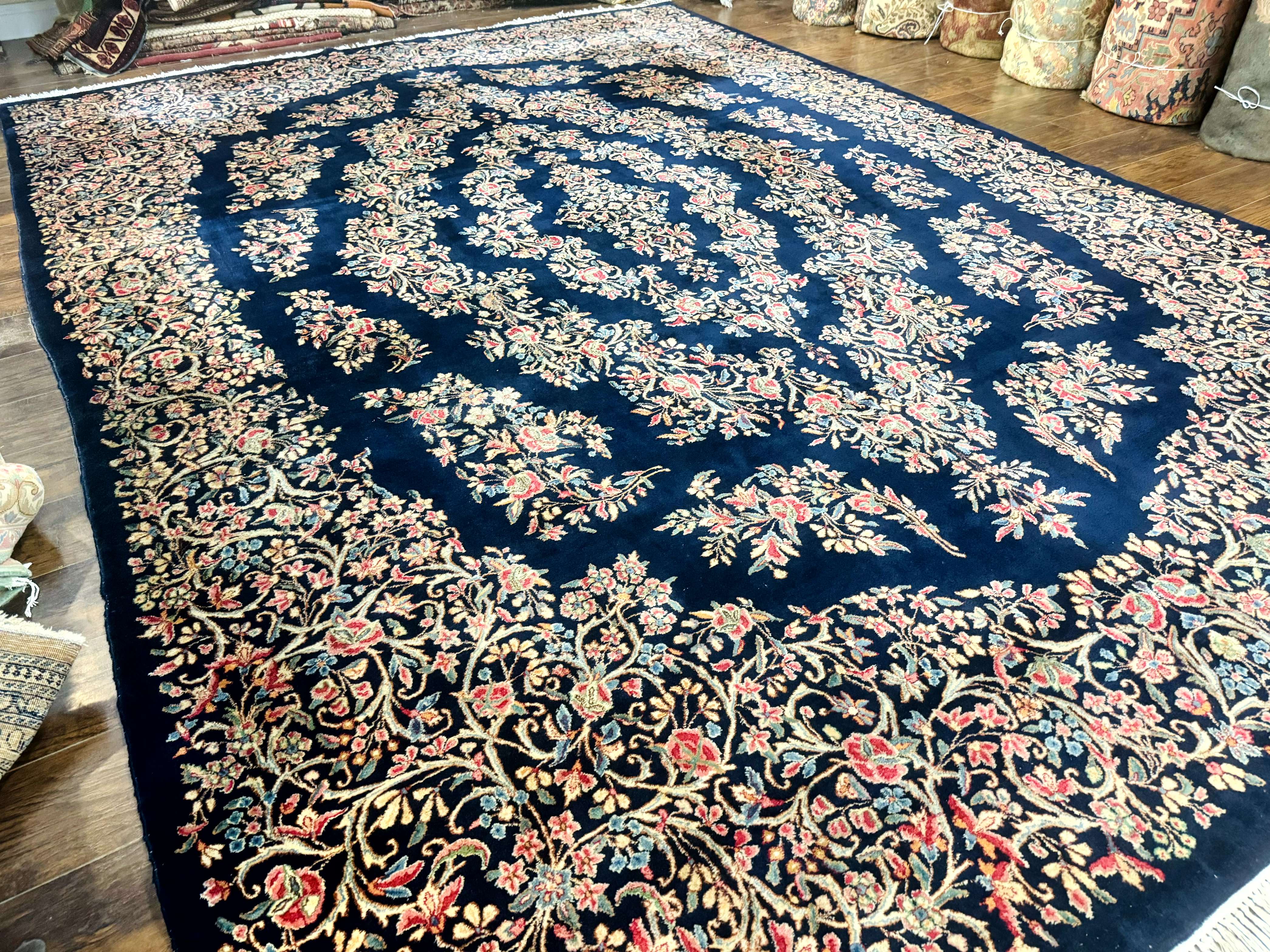 Antique Persian Kerman Rug 10x13, Navy Blue Floral Carpet, Fine 270 KPSI - Jewel Rugs