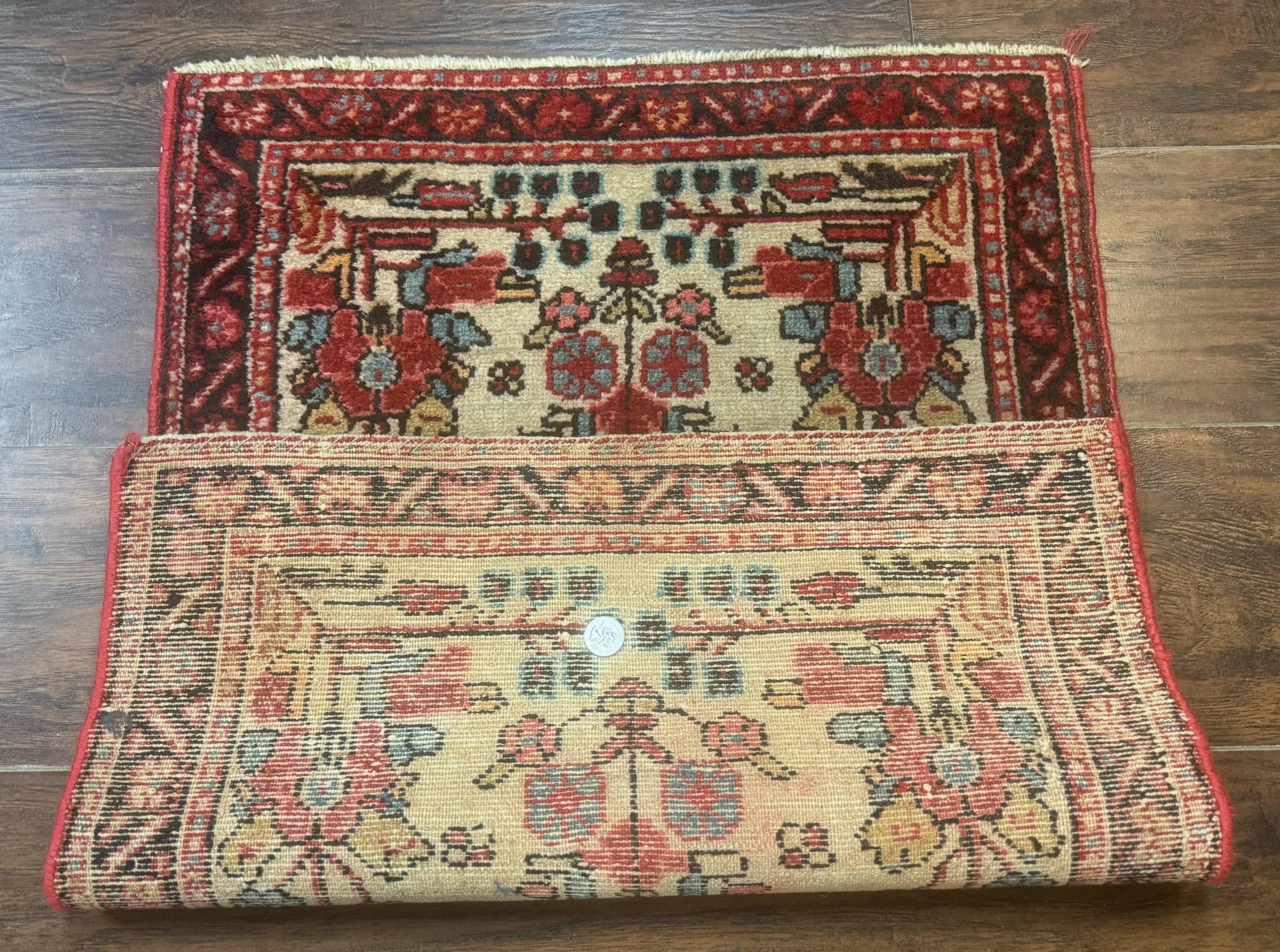 Small Antique Persian Rug 2x3, Beige and Red, Floral, Wool, Hamadan Rug - Jewel Rugs