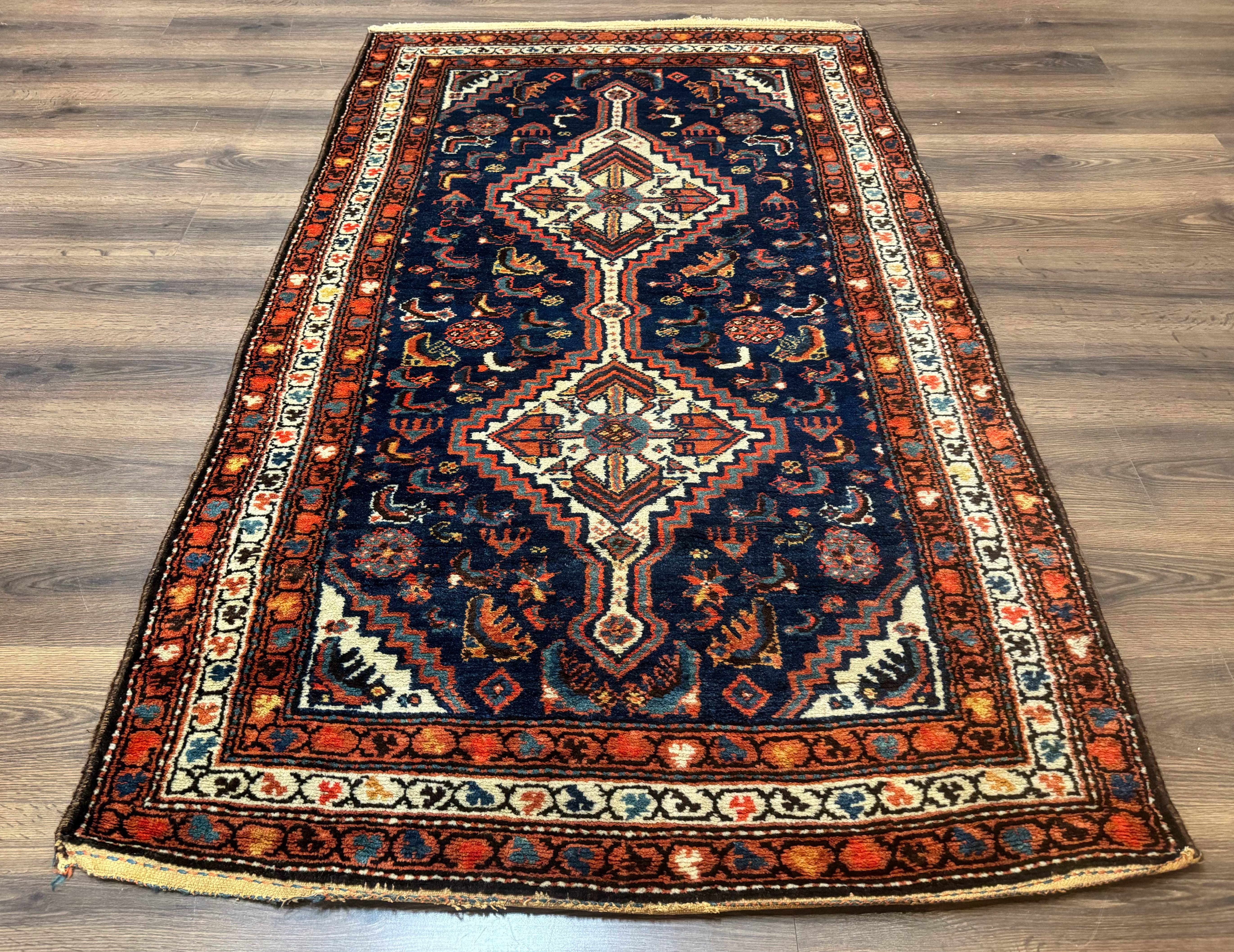 Antique Persian Hamadan Rug 4x6, Geometric, Double Medallions, Navy Blue, Tribal Carpet - Jewel Rugs