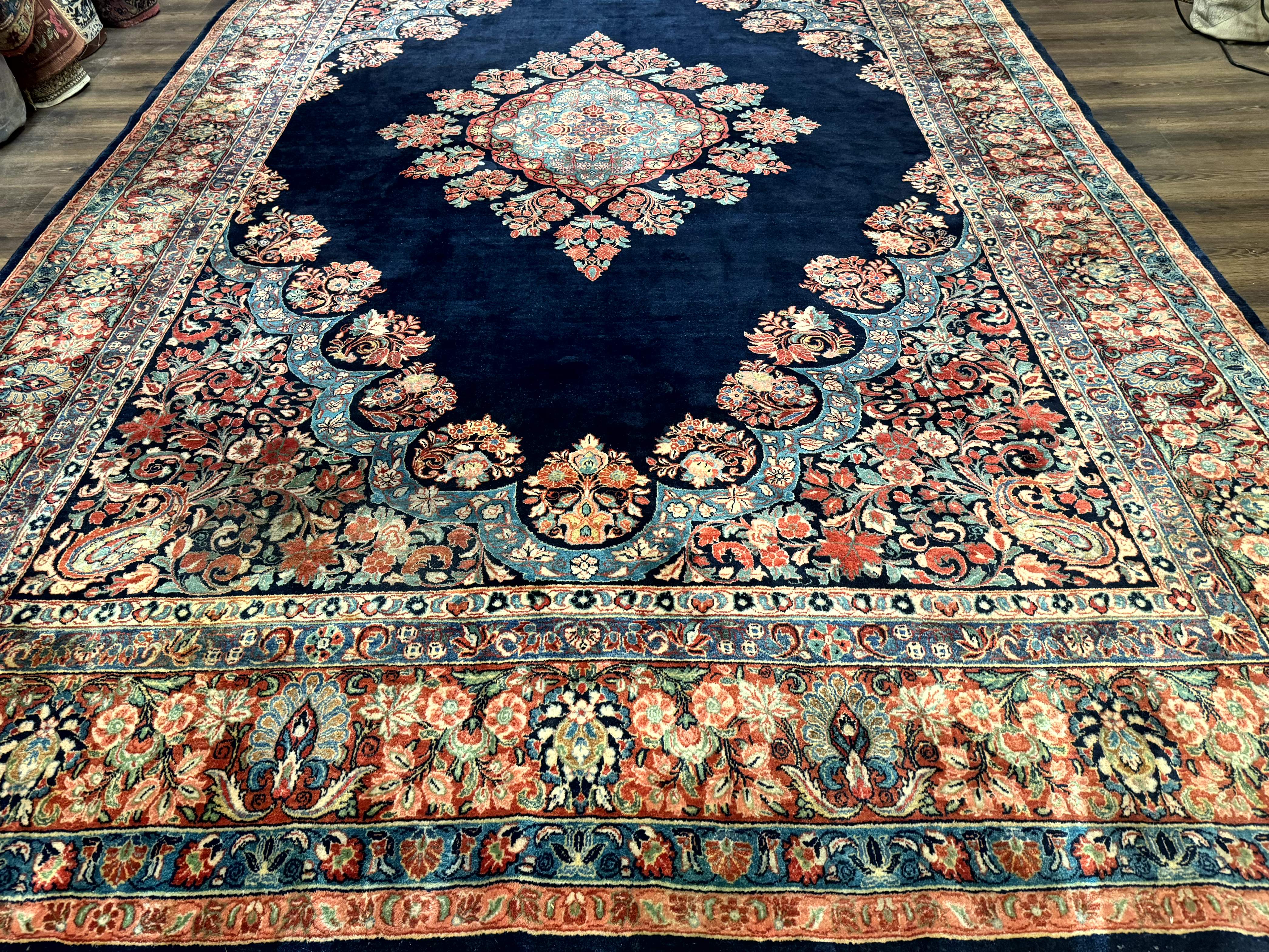 Persian Sarouk Rug 10x16 – Navy Blue and Red, Hand-Knotted Wool Antique Carpet - Jewel Rugs